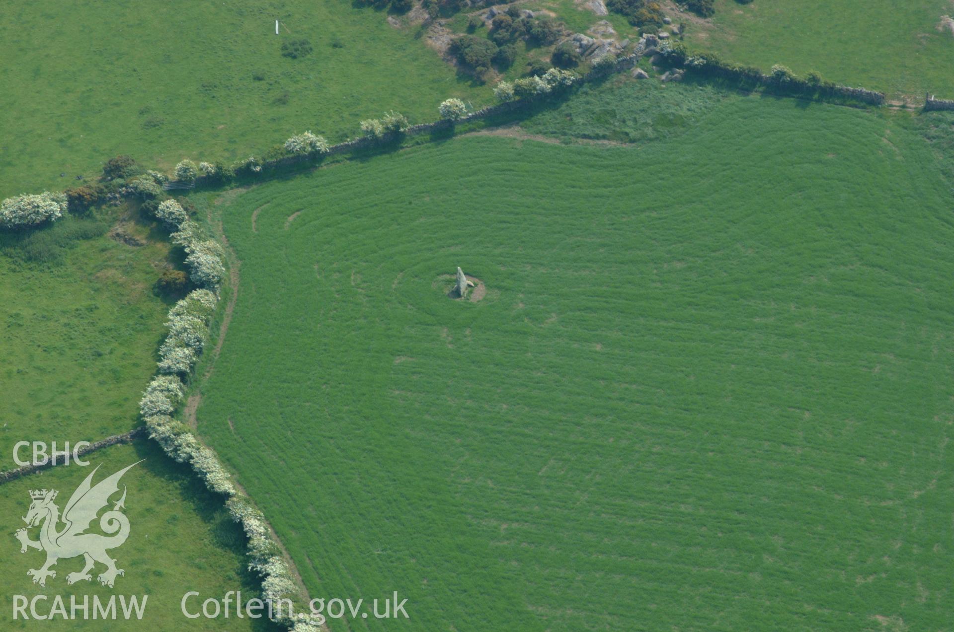 RCAHMW colour oblique aerial photograph of Bod Deiniol Standing Stone taken on 26/05/2004 by Toby Driver