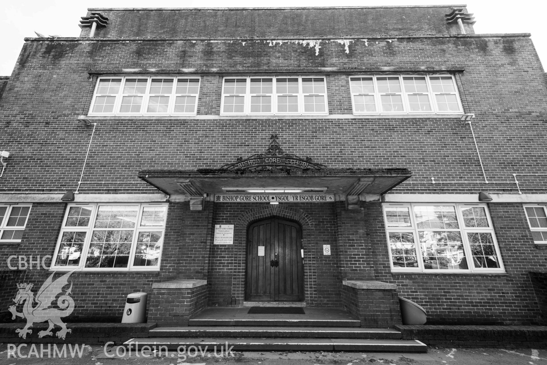 Main entrance, tilt up. Black and white. Bishop Gore School, Swansea