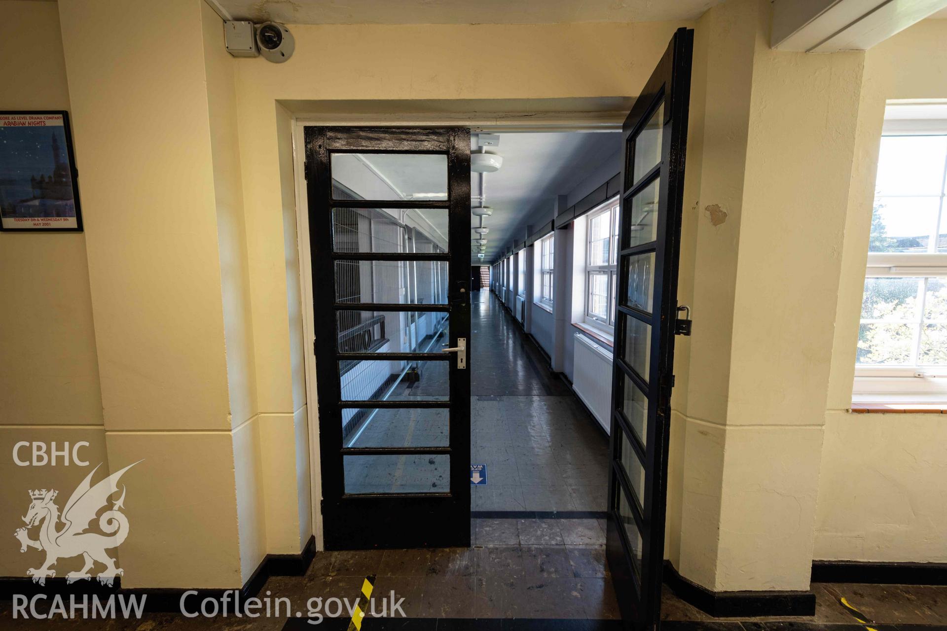 Doors to first floor gallery, assembly hall. Bishop Gore School, Swansea