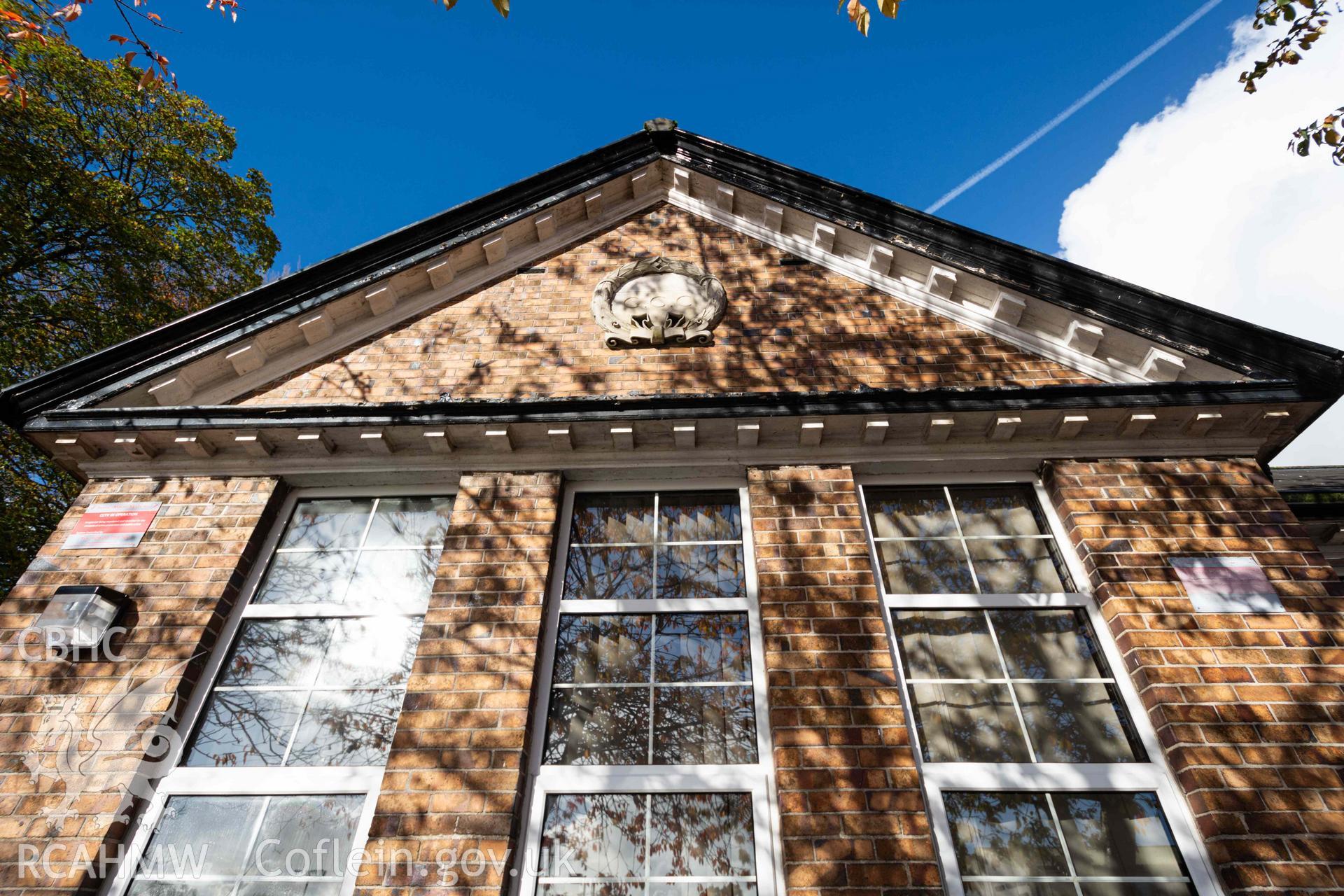South west gable front. 'G. C. C.' ribboned laurel wreath relief. Rhiwbeina Primary School