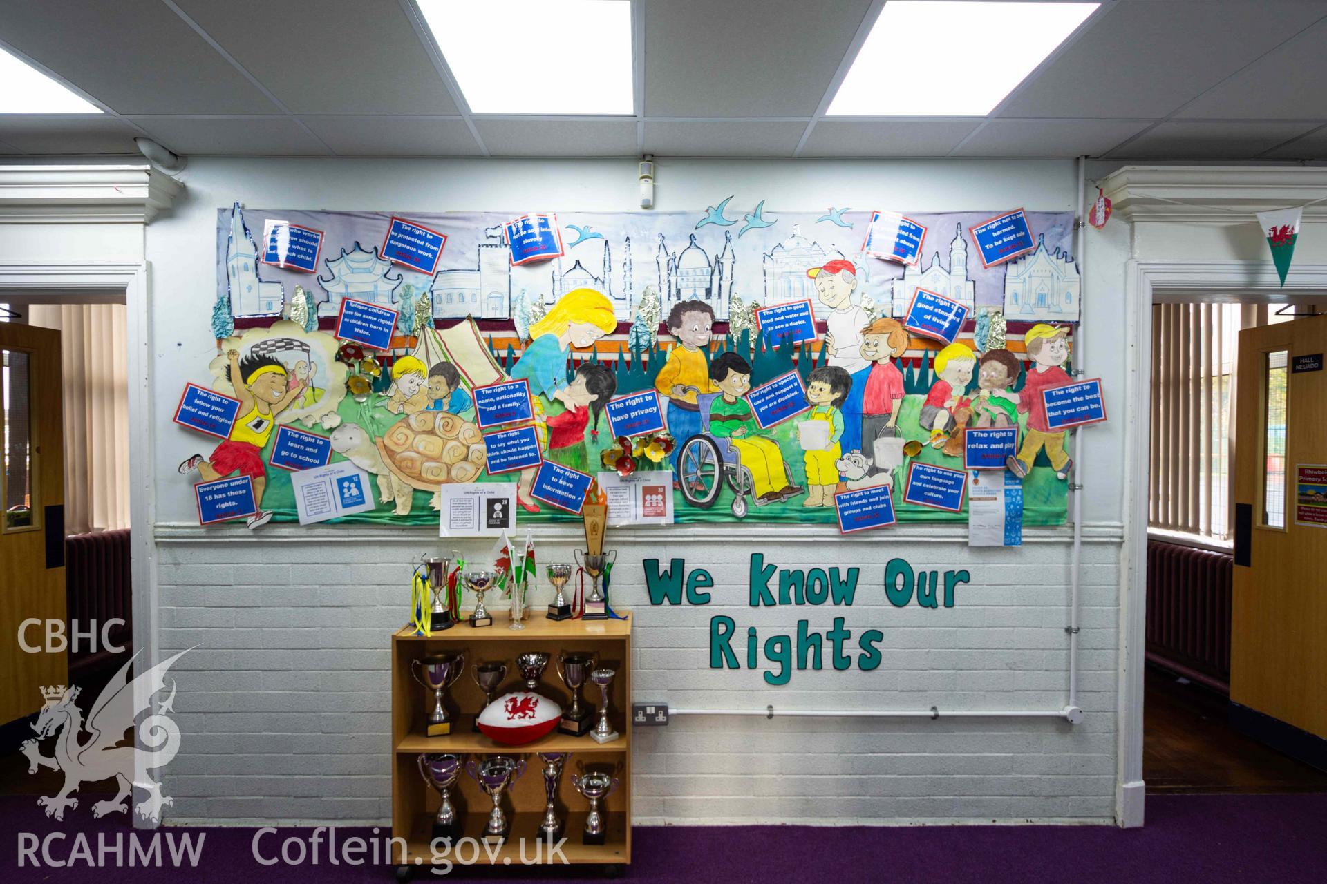 We Know Our Rights' wall and doors to main assembly hall. Rhiwbeina Primary School