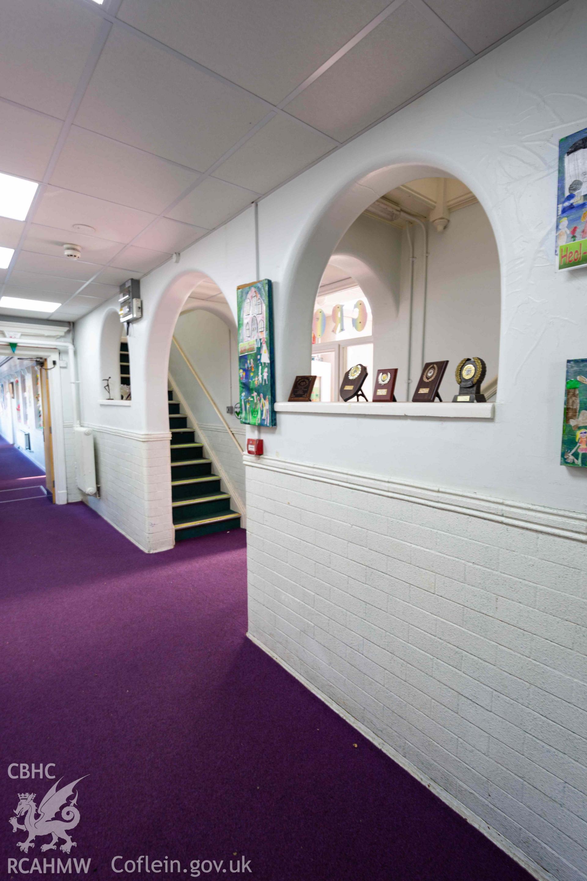 Archway and arched windows, reception area. Portrait. Rhiwbeina Primary School