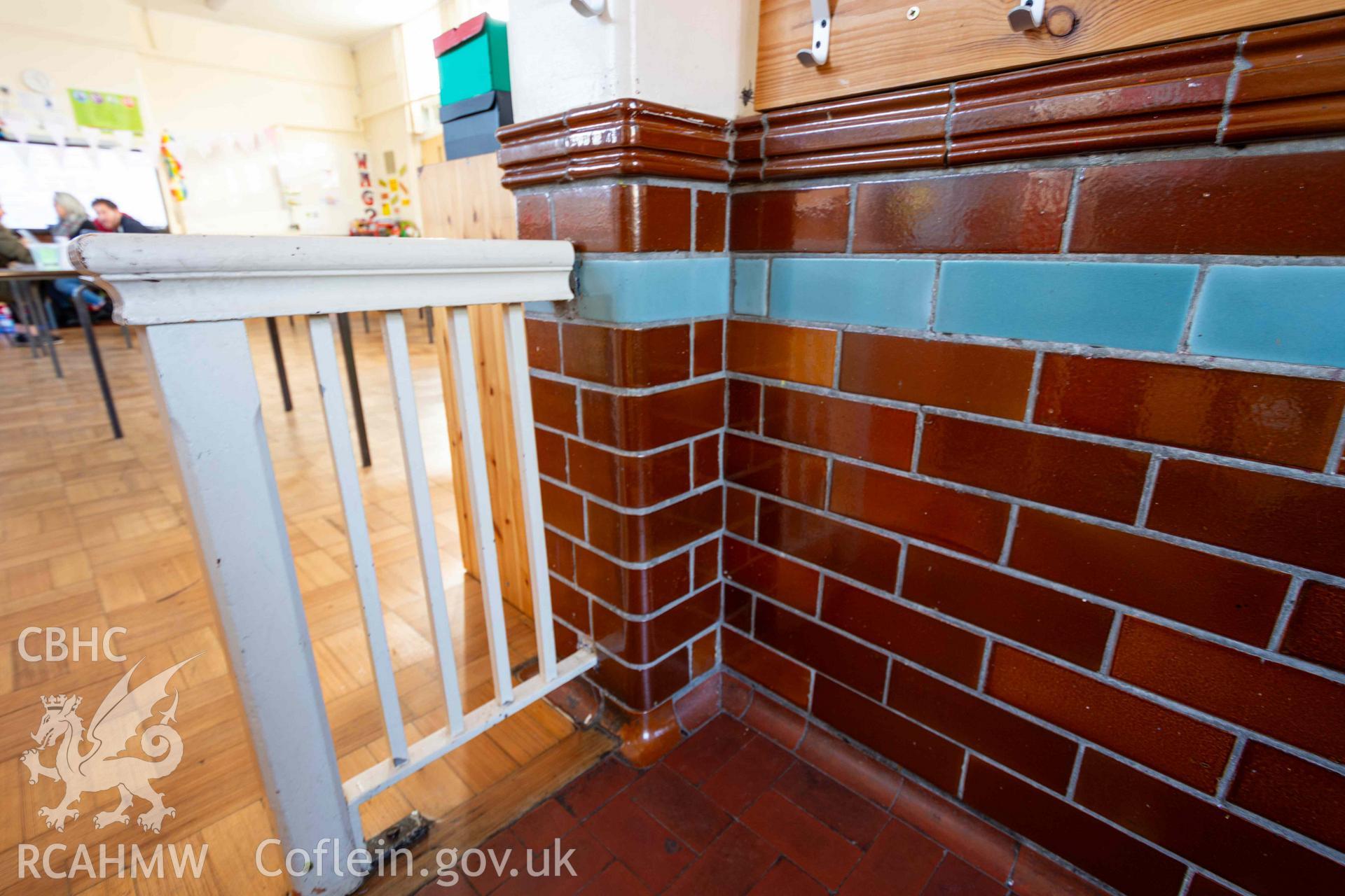 Tiles and wooden gate. Classroom, north east wing. Rhiwbeina Primary School