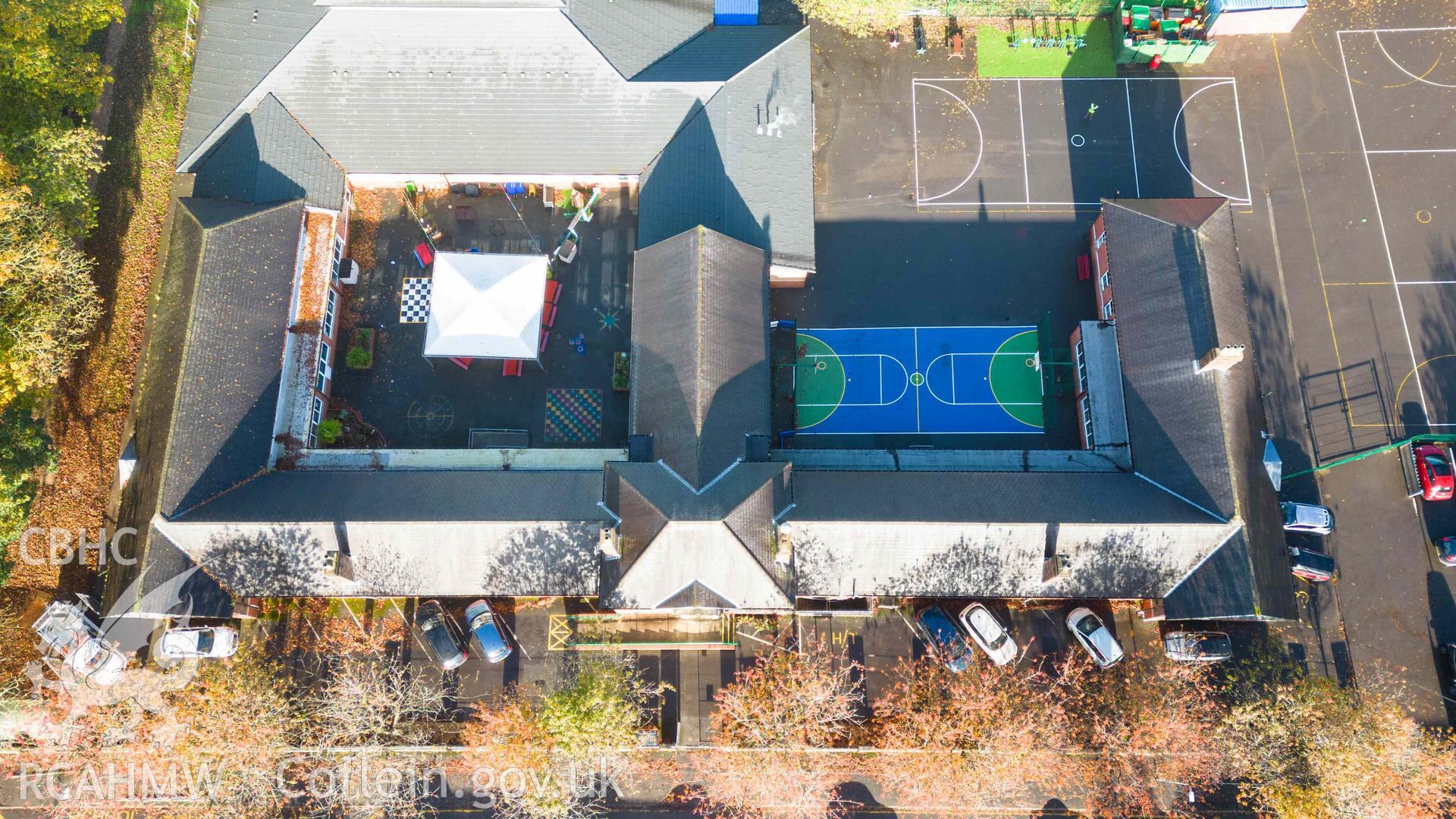 Aerial oblique view of Rhiwbeina Primary School, facing north west.