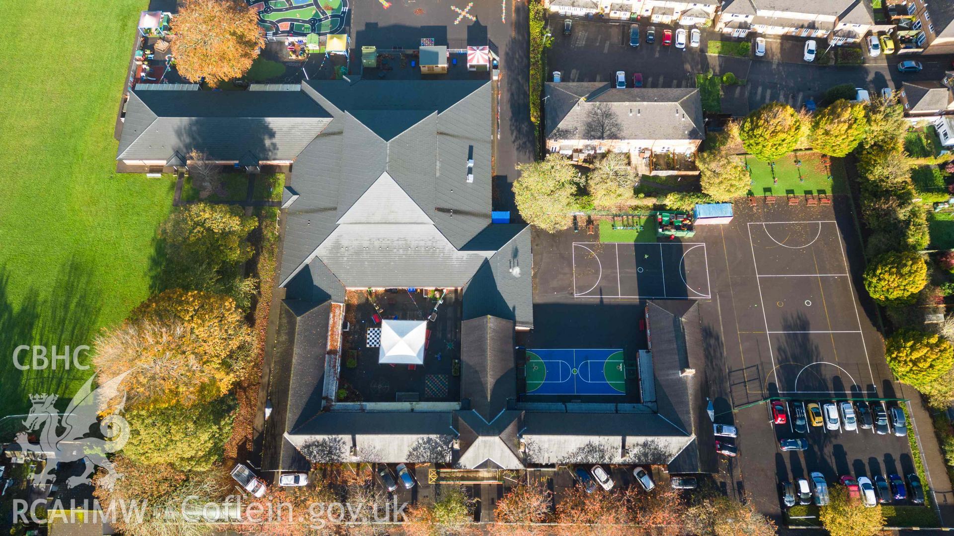 Elevated aerial oblique view of Rhiwbeina Primary School, facing north west.