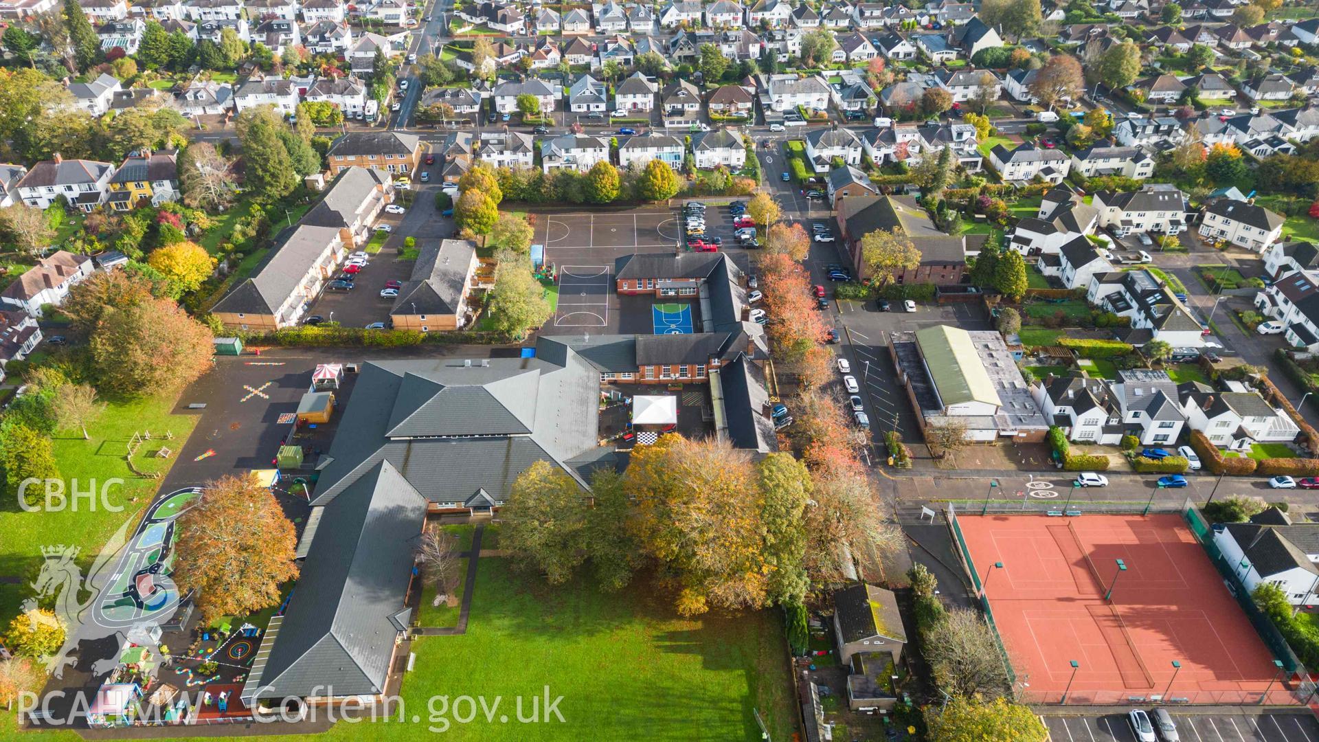 Elevated aerial oblique view of Rhiwbeina Primary School, facing north east.