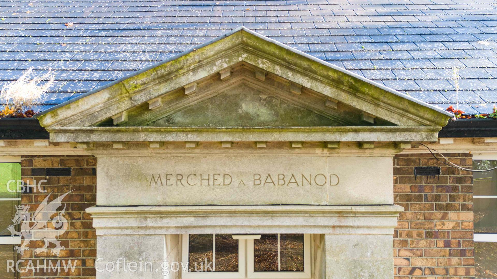 'Merched a Babanod' pediment entrance, south west wing. Rhiwbeina Primary School.