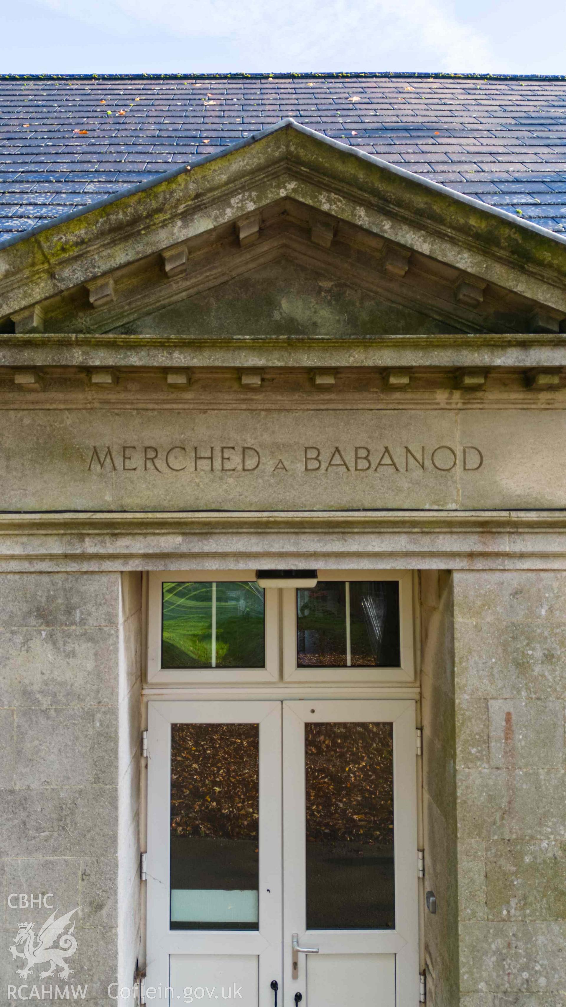 'Merched a Babanod' pediment entrance, south west wing. Portrait. Rhiwbeina Primary School.