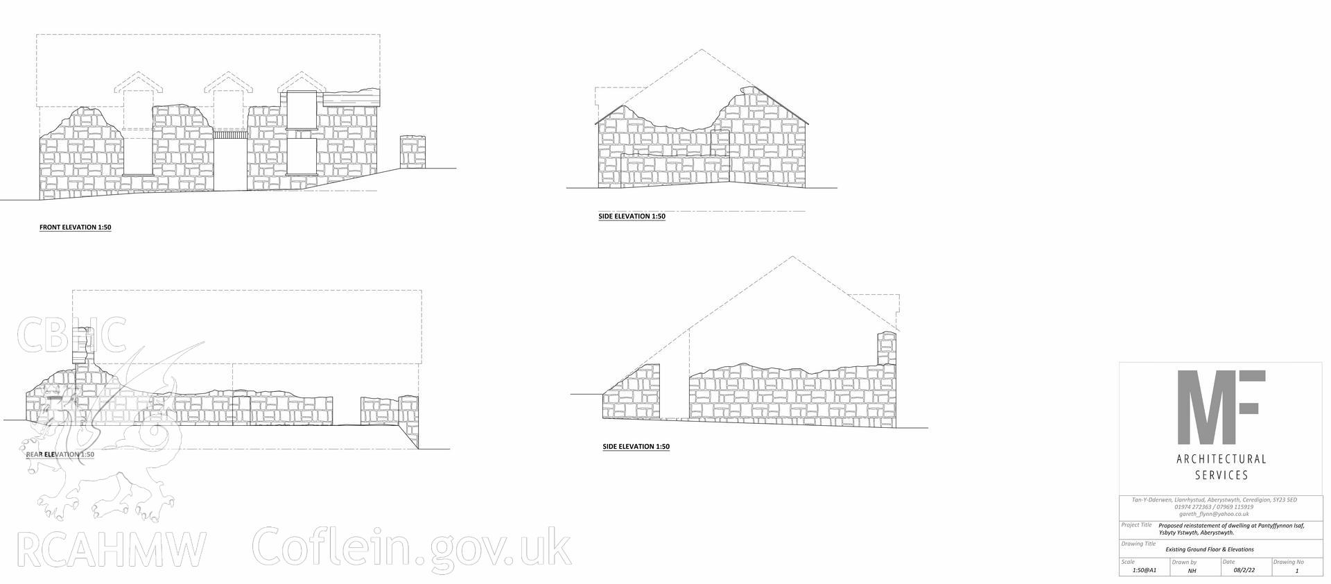 Elevation drawings showing Pantyffynnon Isaf ruin, drawn as a condition of planning in June 2024 (reference no. A220202 Planning Authority: Ceredigion).