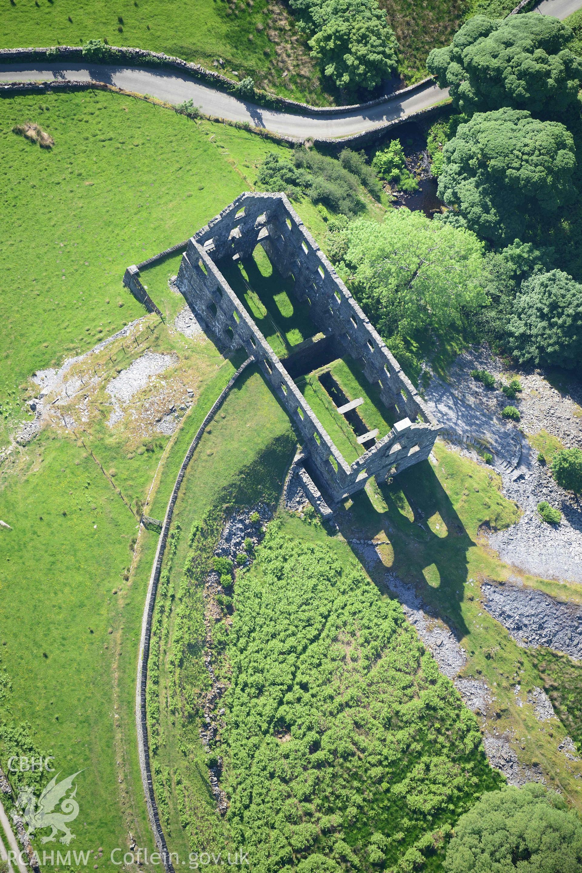 Ynysypandy slate slab mill. Oblique aerial photograph taken during the Royal Commission