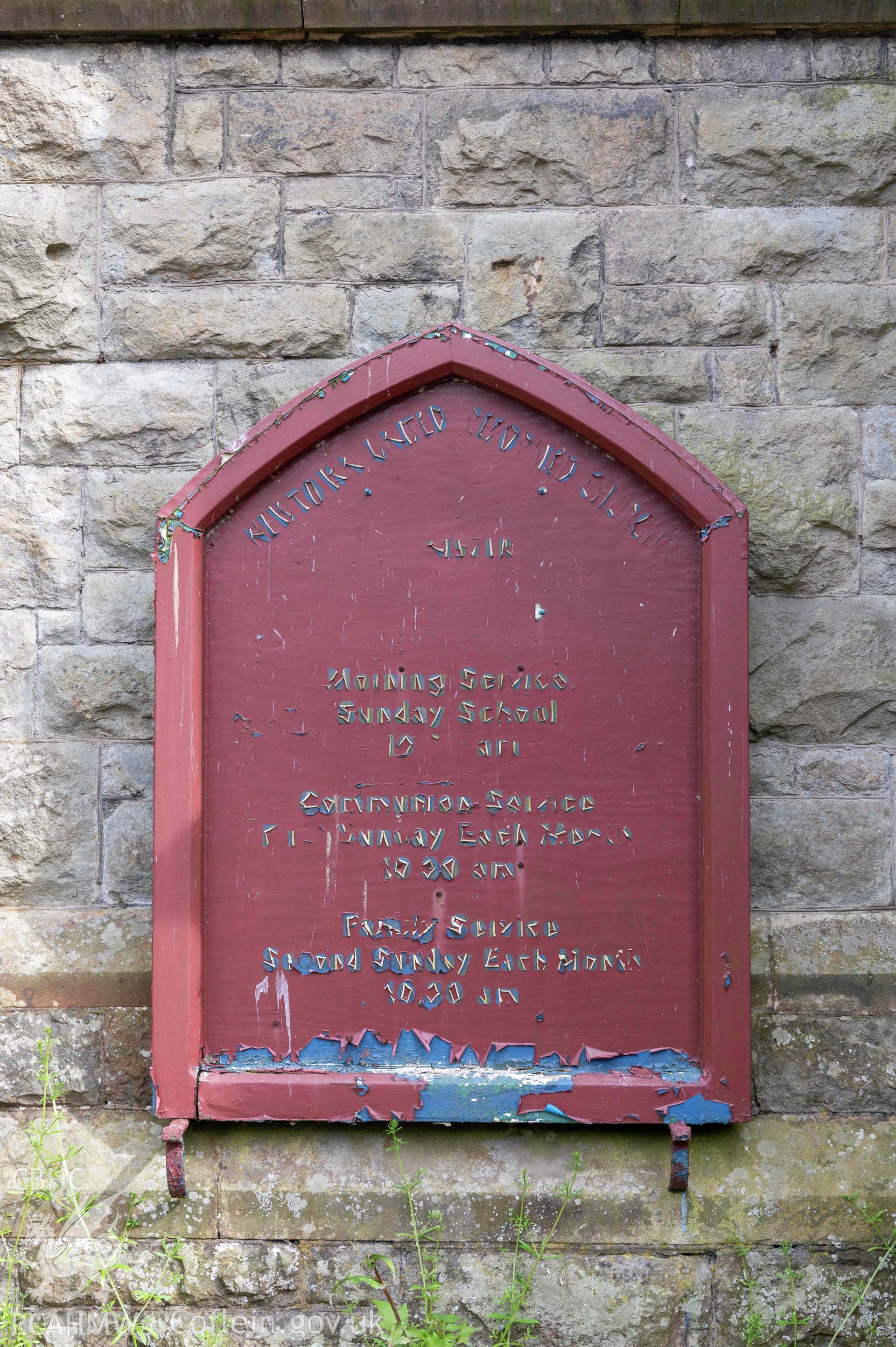 Newtown English Congregational Church, exterior view detail of chapel board to front façade.