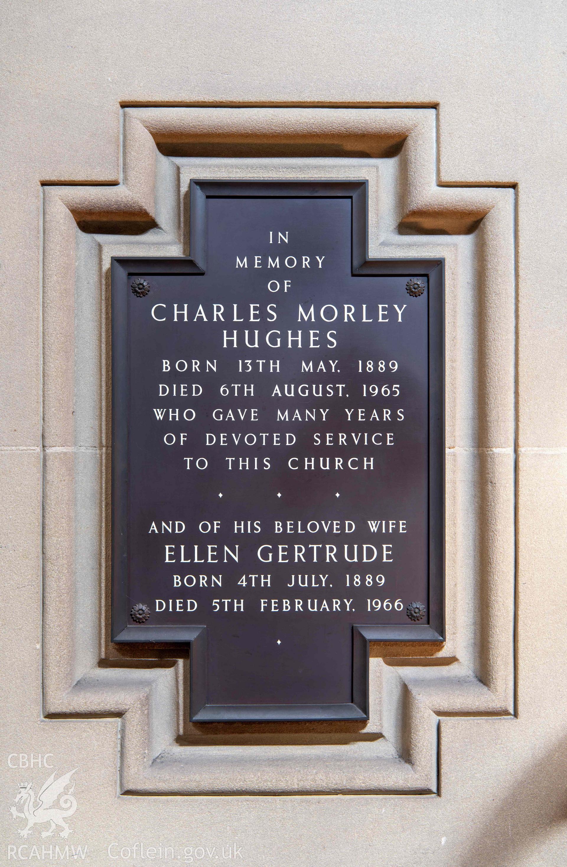 Capel Zion Baptist Chapel, Newtown - vestibule, detail of memorial to Charles Morely Hughes and wife Ellen Gertrude.