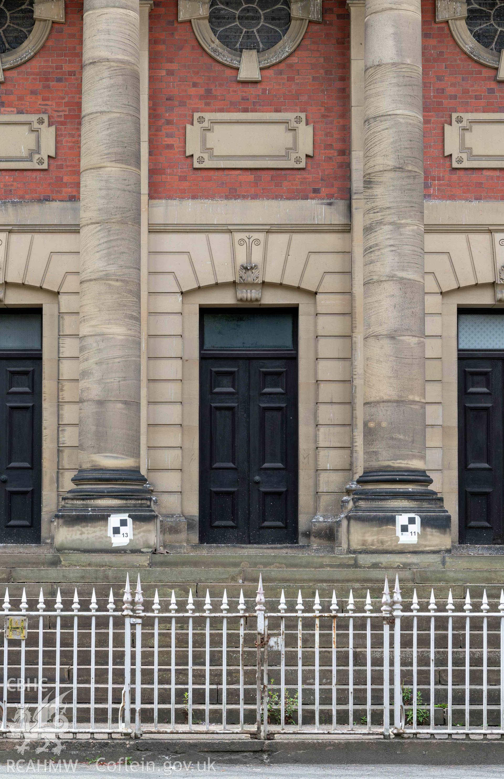 Capel Zion Baptist Chapel, Newtown - exterior detail of door/doorcase to centre of façade.