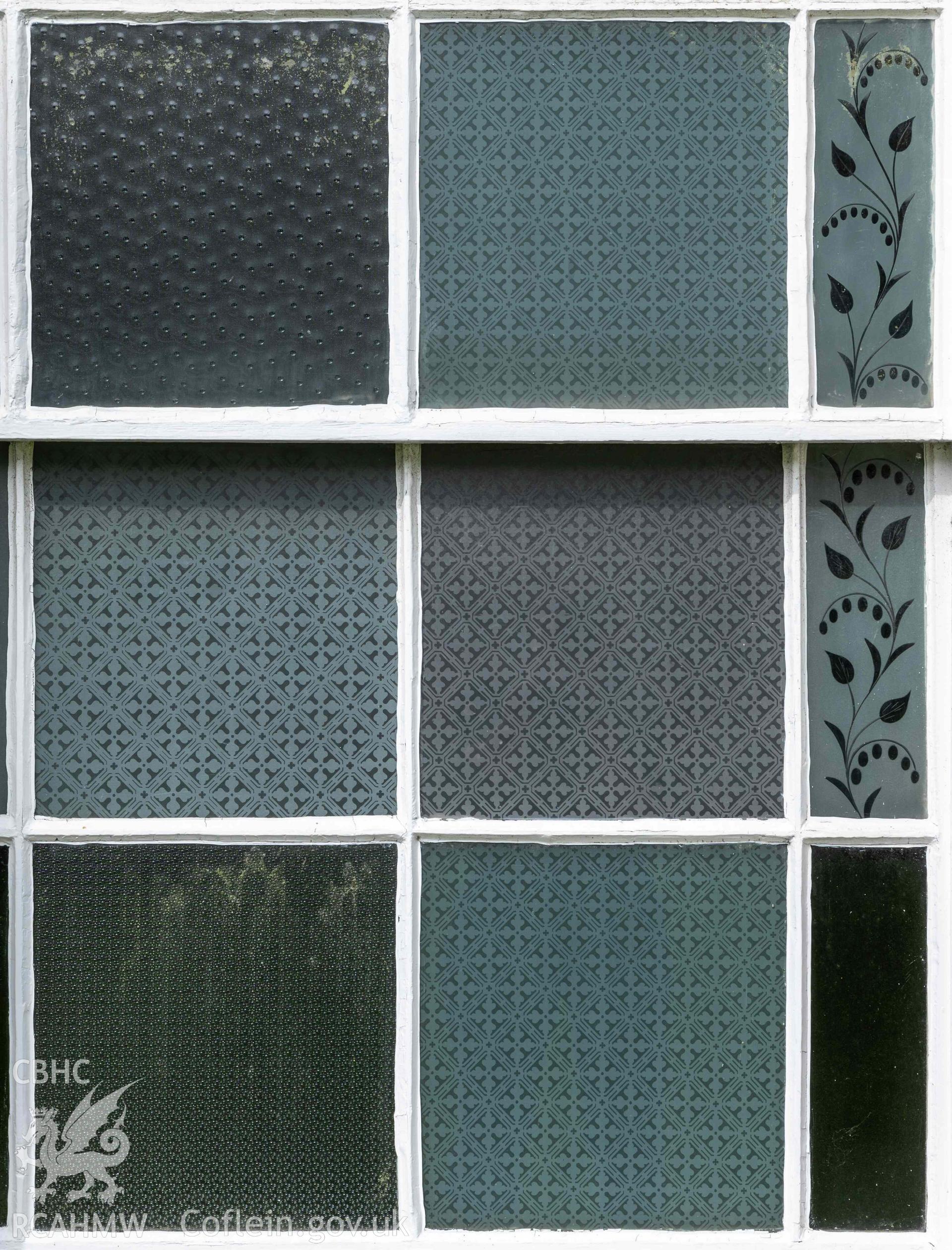 Capel Zion Baptist Chapel, Newtown - exterior detail of window glazing in side (south-west) elevation to New Church Street.