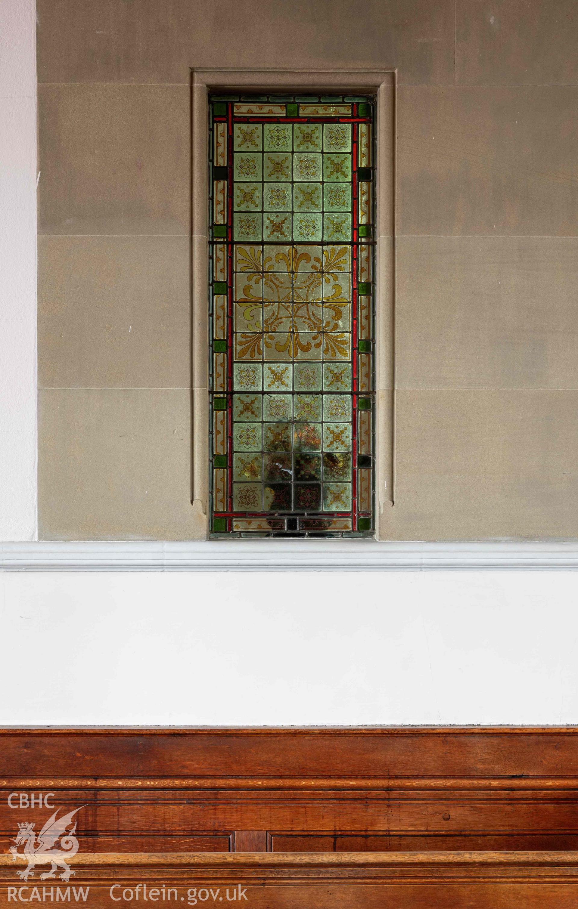 Capel Zion Baptist Chapel, Newtown - auditorium, detail of vestibule window.