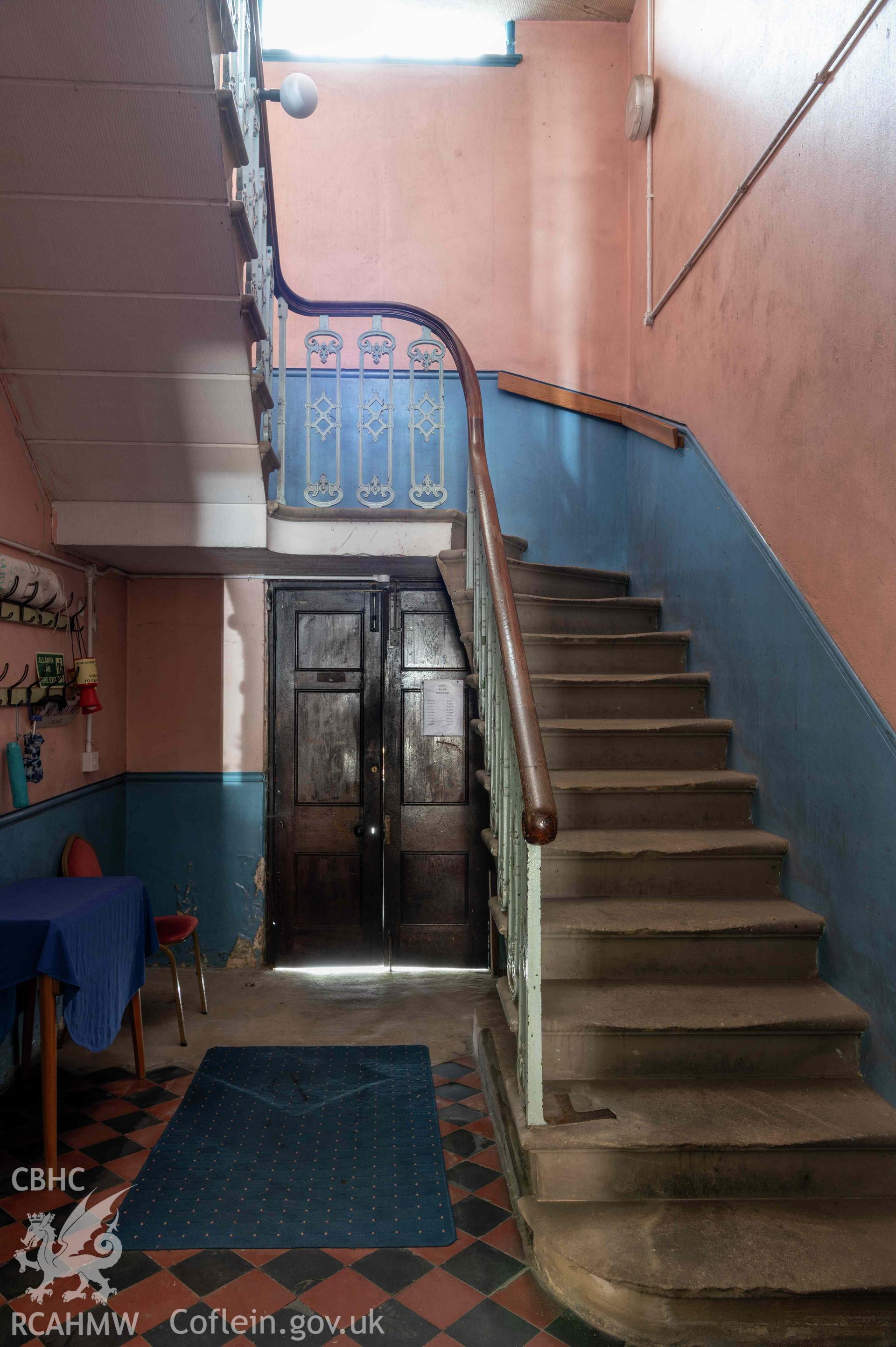 Capel Zion Baptist Chapel, Newtown - vestibule, north-east basement entrance with rear stairs to ground floor.