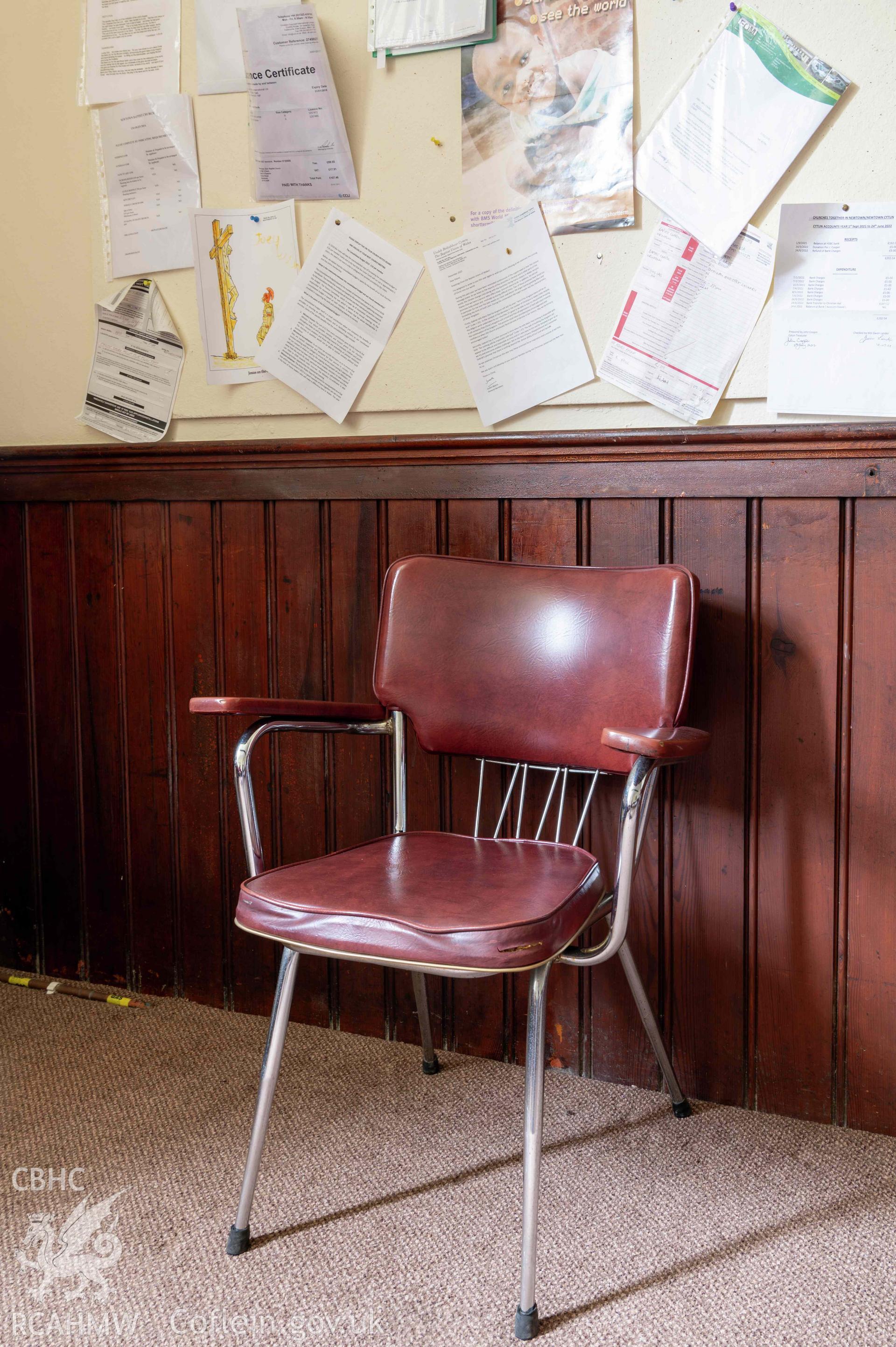 Capel Zion Baptist Chapel, Newtown - north-central basement room detail of chairs.