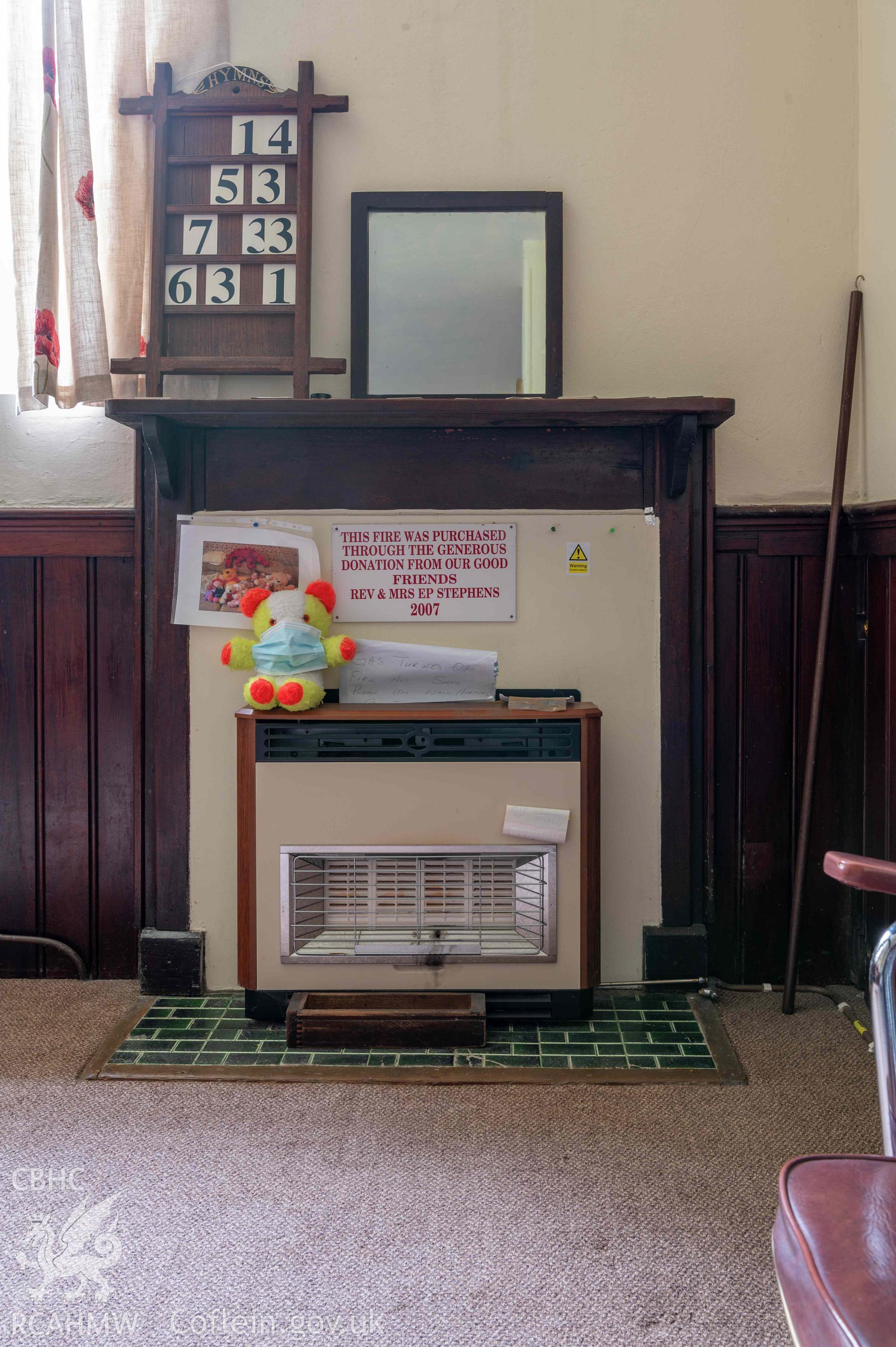 Capel Zion Baptist Chapel, Newtown - north-central basement room detail of fireplace.
