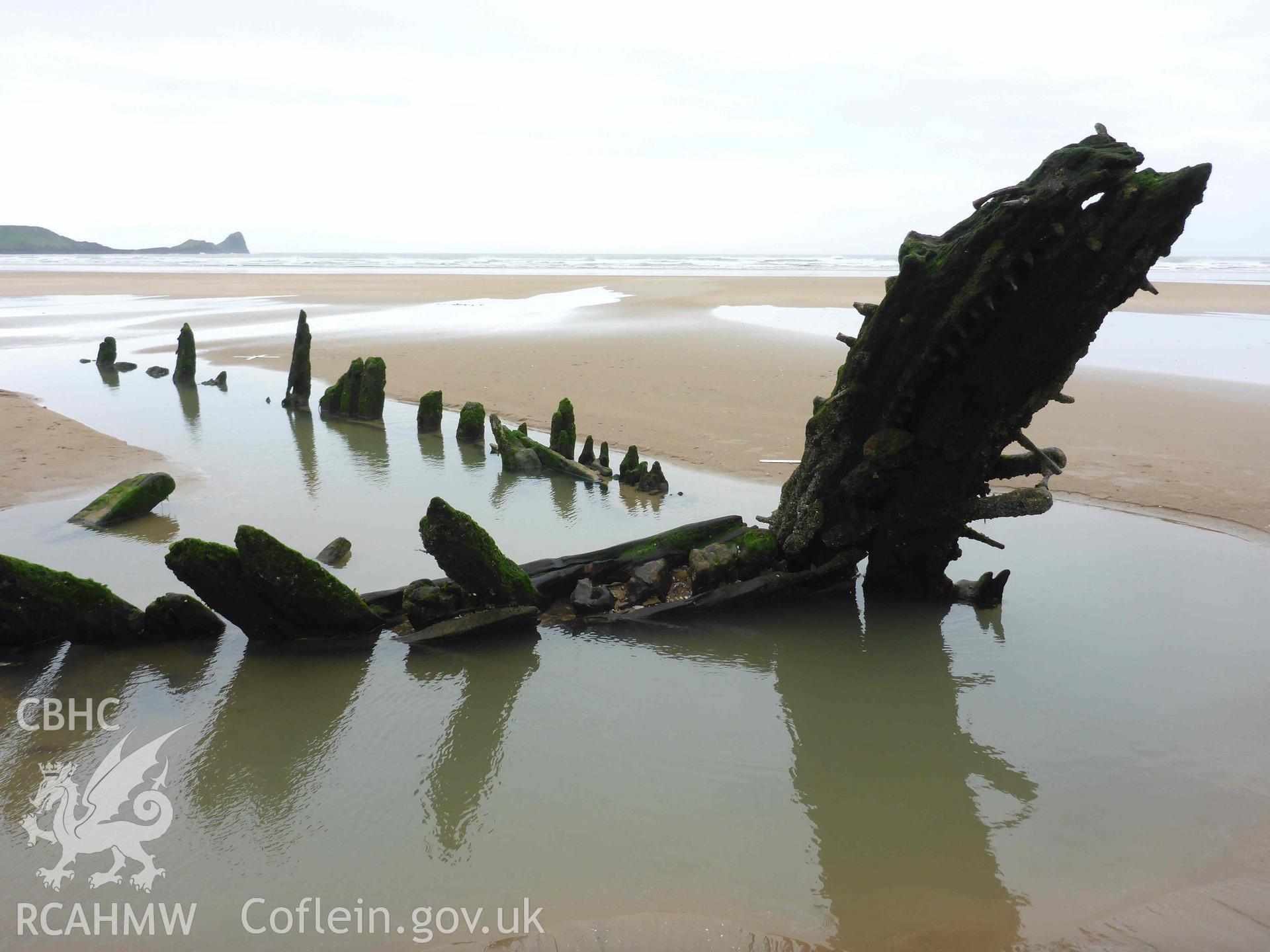 The starboard side of the stem-post of the HELVETIA. Photographed as part of a digital photographic survey conducted by Julian Whitewright on 8 April 2024.