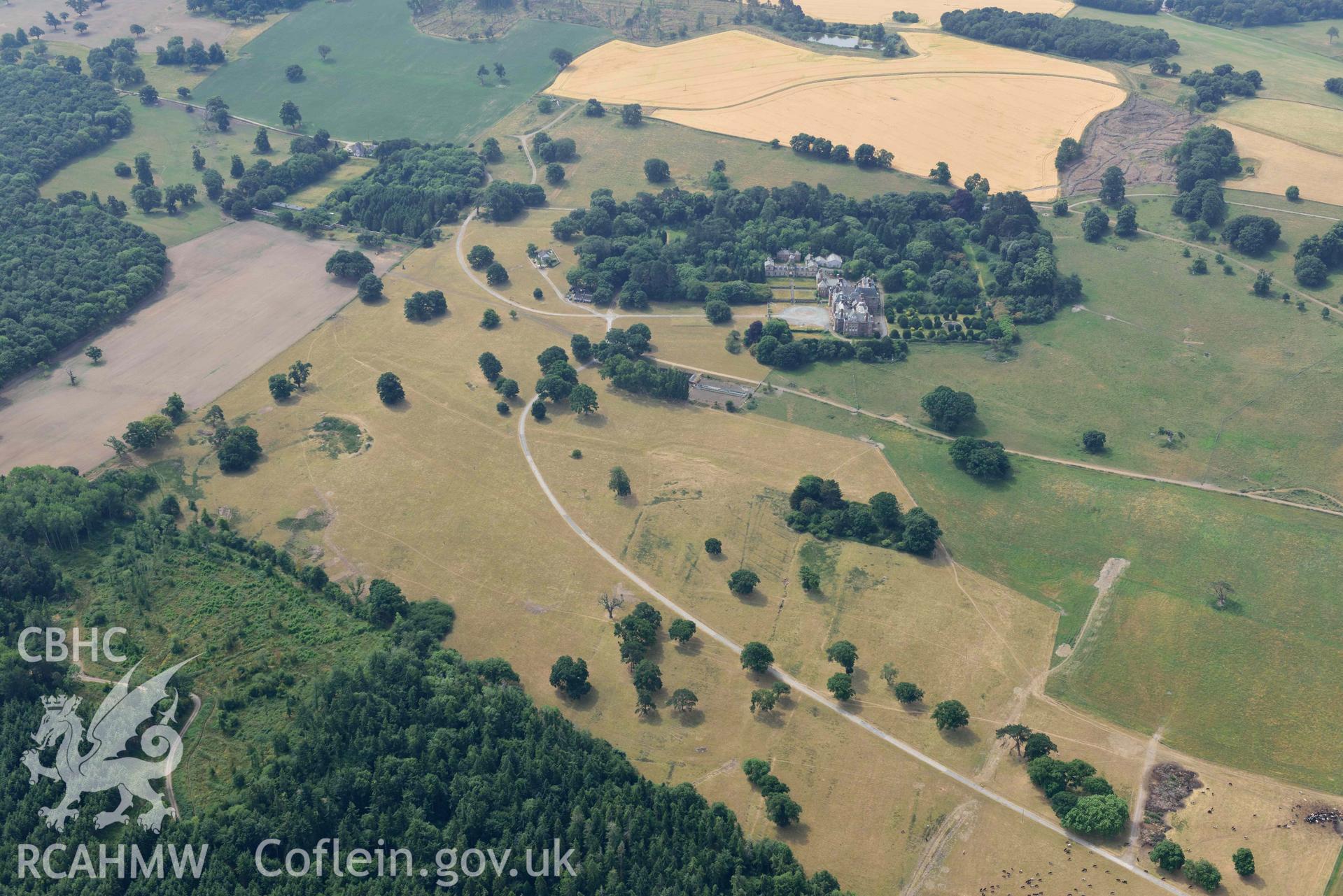 Kinmel Park house and garden. Oblique aerial photograph taken during the Royal Commission’s programme of archaeological aerial reconnaissance by Toby Driver on 10 July 2018.