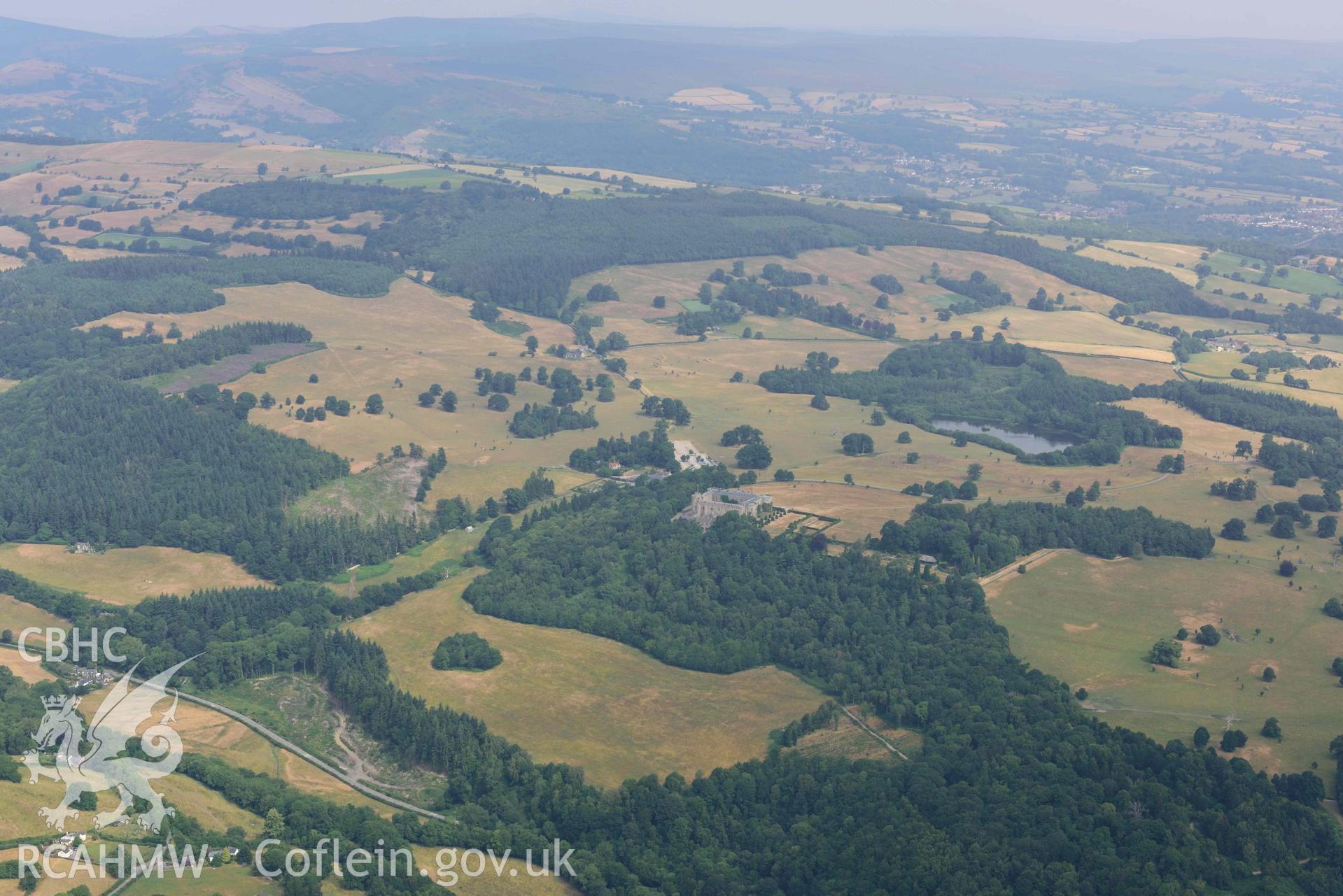 Chirk Castle, Park and Grounds. Oblique aerial photograph taken during the Royal Commission’s programme of archaeological aerial reconnaissance by Toby Driver on 10 July 2018.