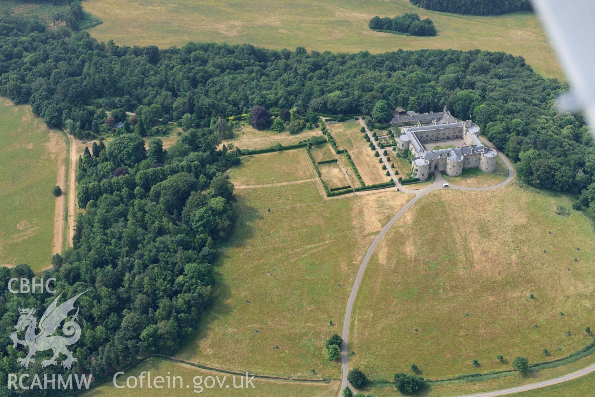 Chirk Castle, Park and Grounds. Oblique aerial photograph taken during the Royal Commission’s programme of archaeological aerial reconnaissance by Toby Driver on 10 July 2018.