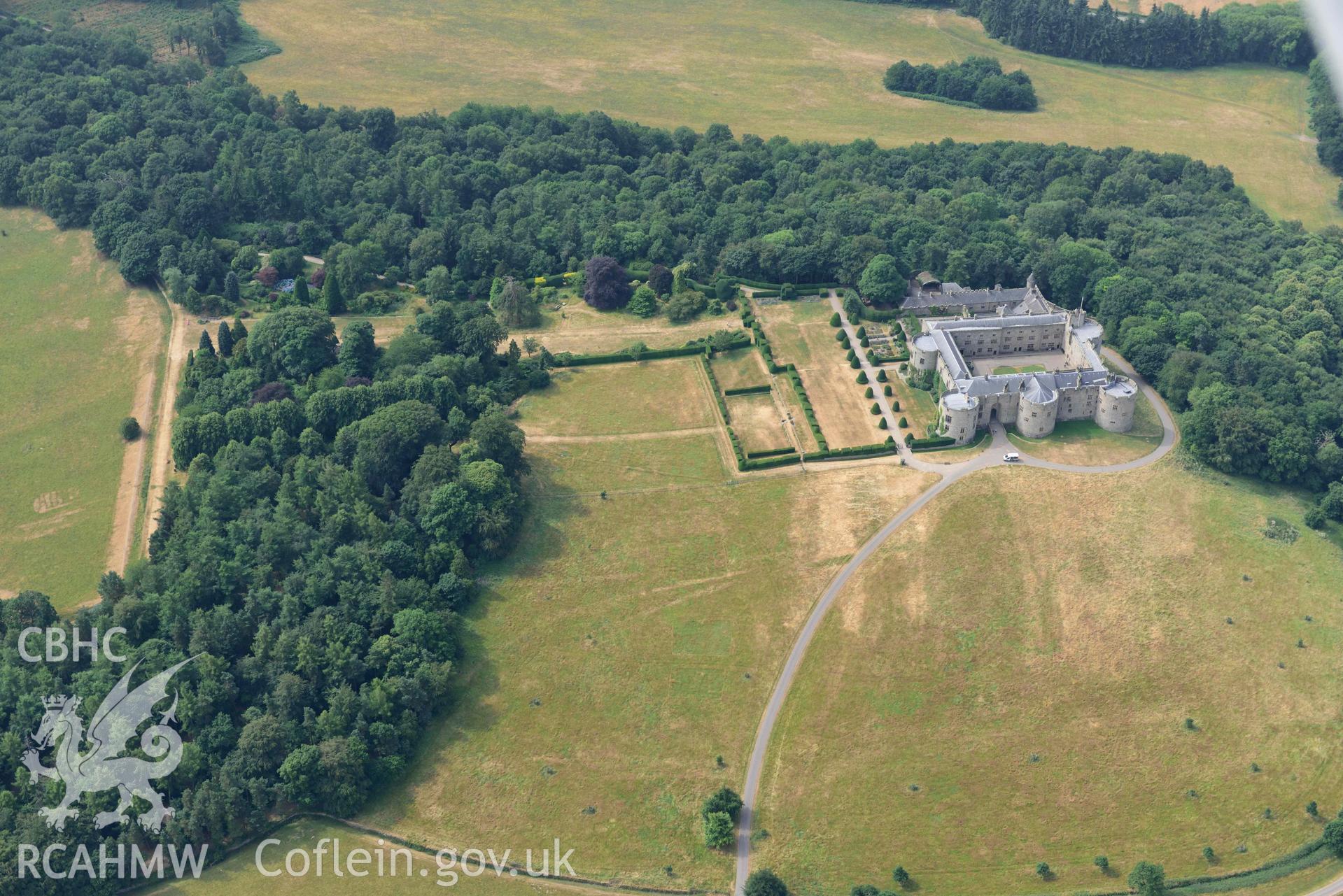 Chirk Castle, Park and Grounds. Oblique aerial photograph taken during the Royal Commission’s programme of archaeological aerial reconnaissance by Toby Driver on 10 July 2018.