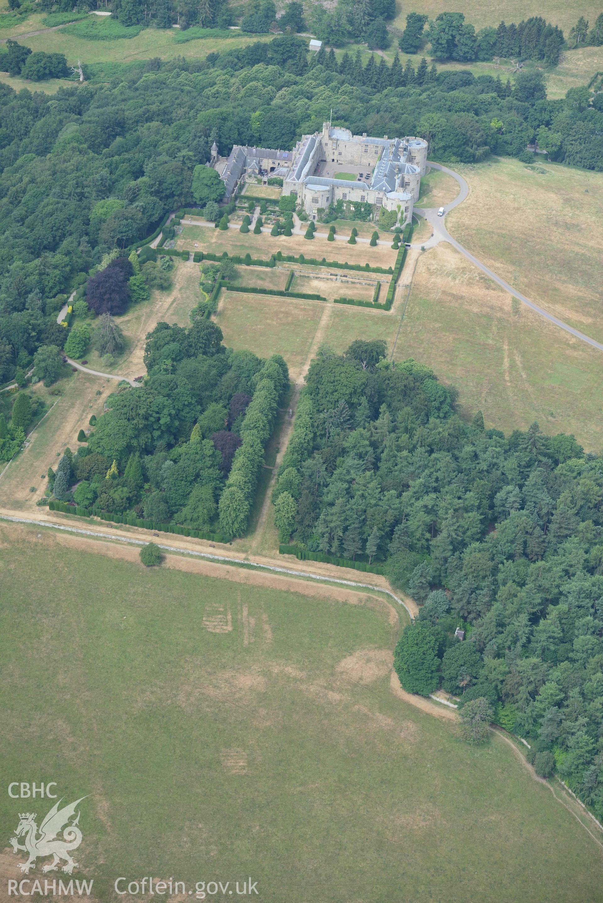 Chirk Castle, Park and Grounds. Oblique aerial photograph taken during the Royal Commission’s programme of archaeological aerial reconnaissance by Toby Driver on 10 July 2018.