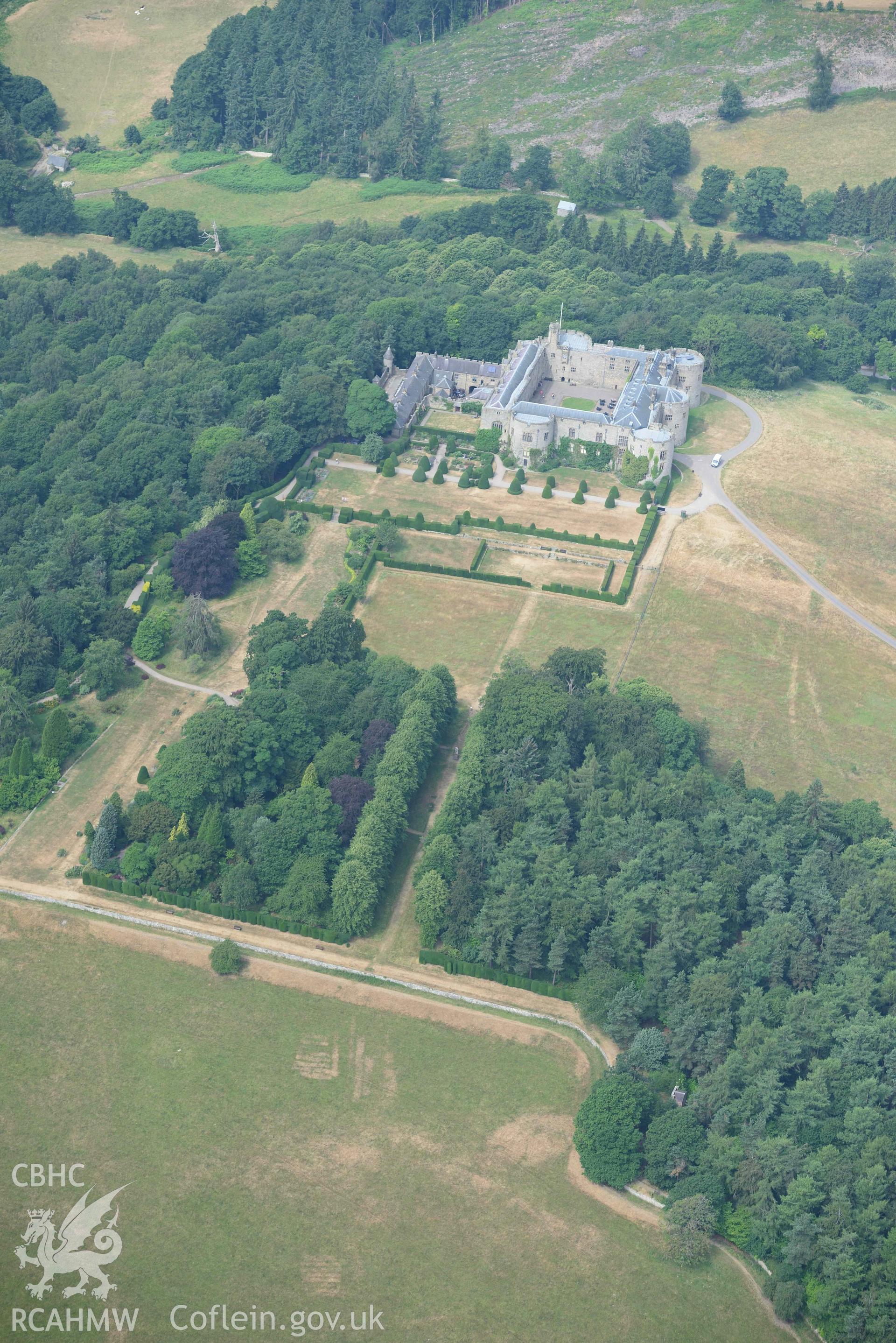 Chirk Castle, Park and Grounds. Oblique aerial photograph taken during the Royal Commission’s programme of archaeological aerial reconnaissance by Toby Driver on 10 July 2018.