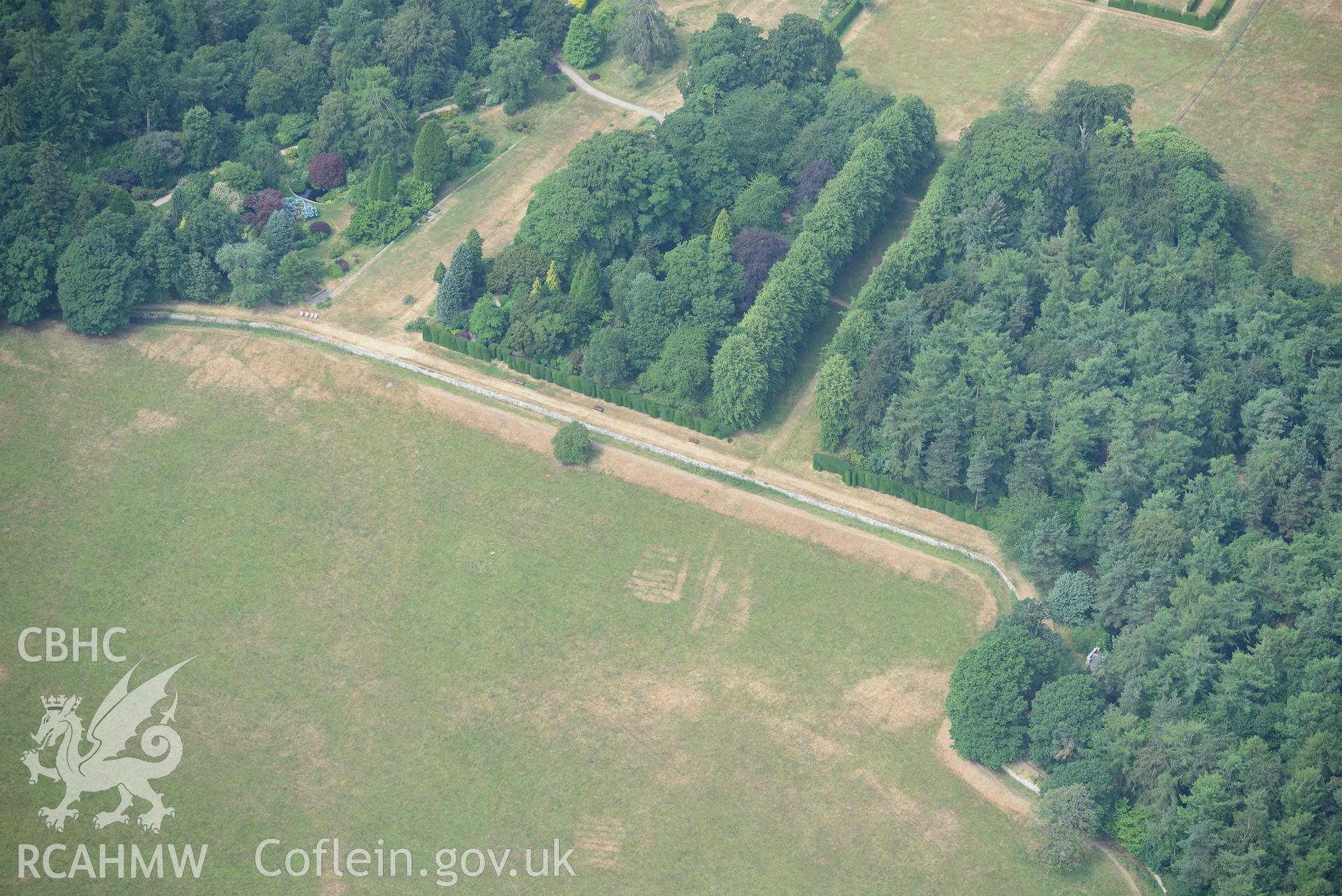 Chirk Castle grounds. Oblique aerial photograph taken during the Royal Commission’s programme of archaeological aerial reconnaissance by Toby Driver on 10 July 2018.