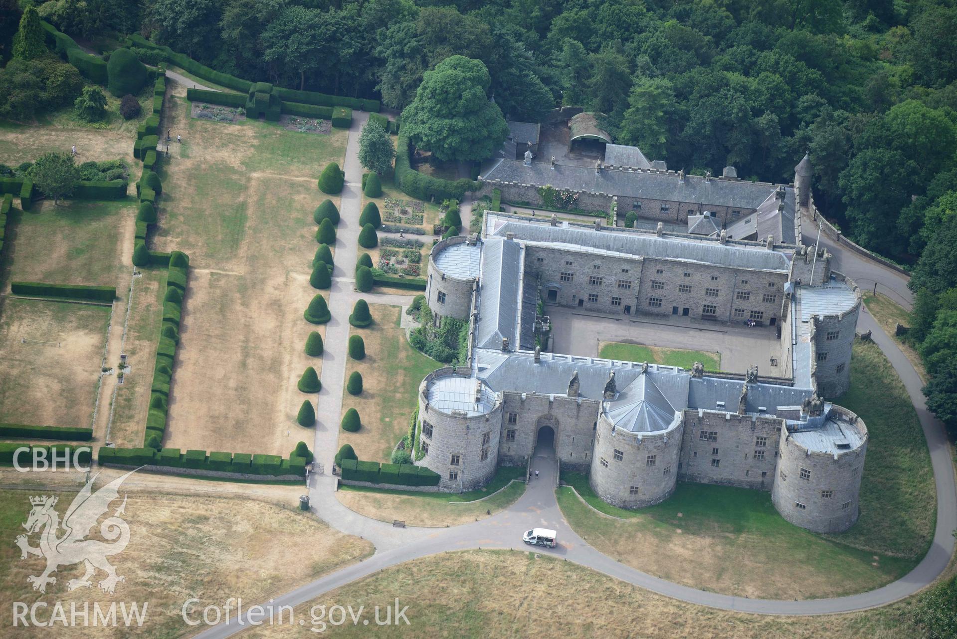 Chirk Castle, Park and Grounds. Oblique aerial photograph taken during the Royal Commission’s programme of archaeological aerial reconnaissance by Toby Driver on 10 July 2018.