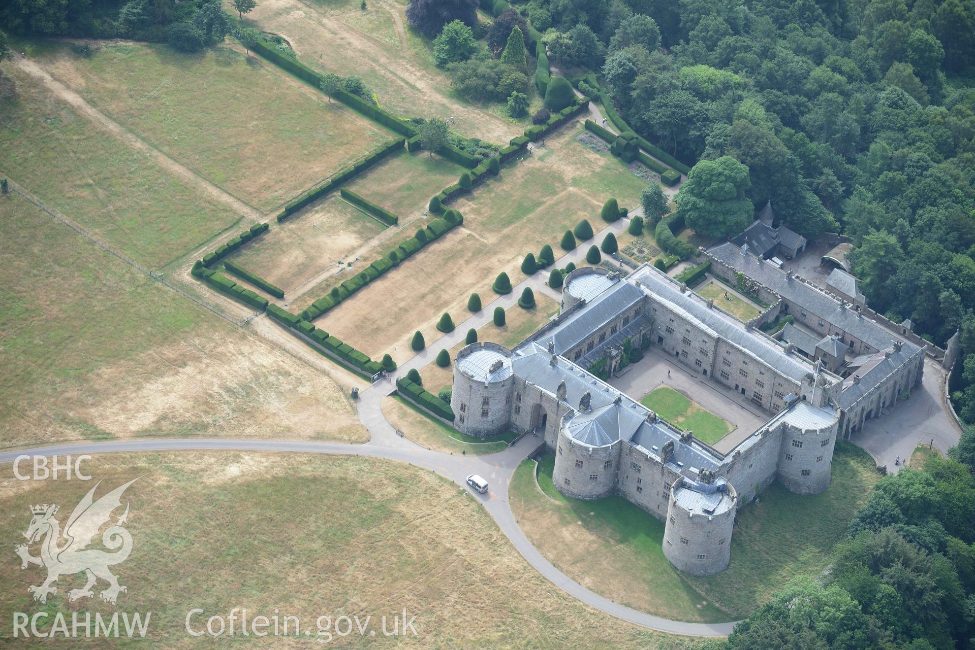 Chirk Castle, Park and Grounds. Oblique aerial photograph taken during the Royal Commission’s programme of archaeological aerial reconnaissance by Toby Driver on 10 July 2018.