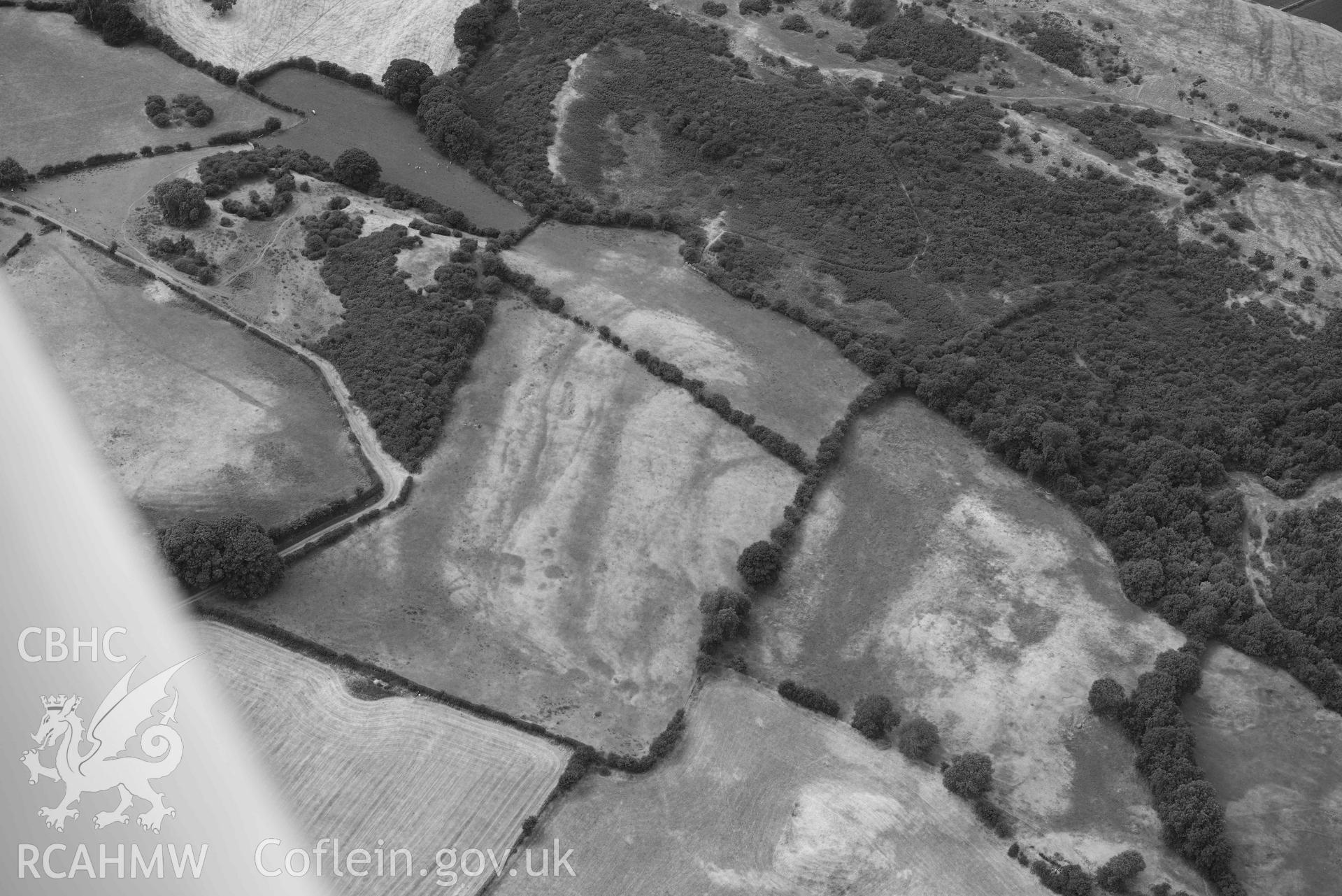Moel Hiraddug. Oblique black and white aerial photograph taken during the Royal Commission’s programme of archaeological aerial reconnaissance by Toby Driver on 10 July 2018.