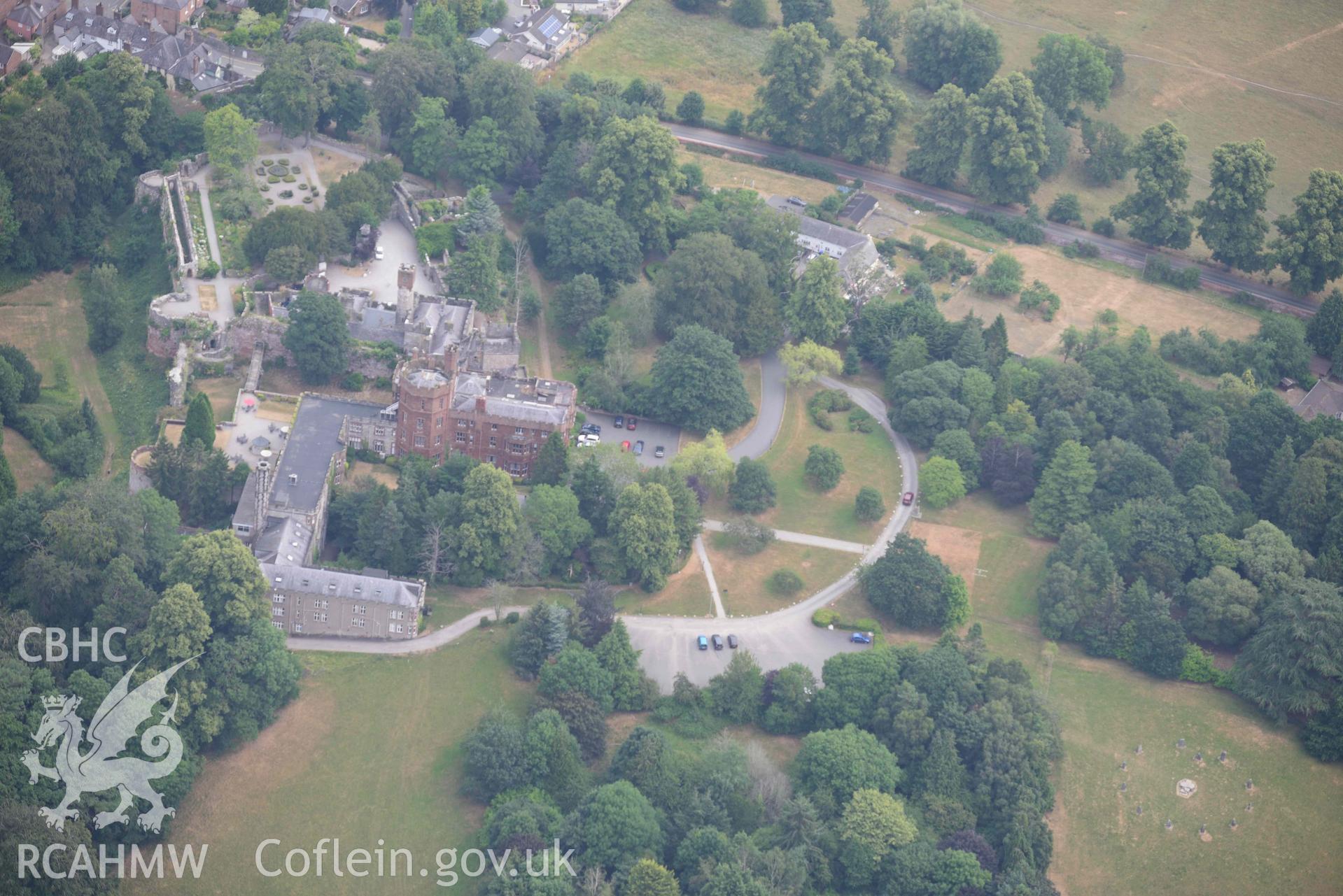 Ruthin Castle and Gardens. Oblique aerial photograph taken during the Royal Commission’s programme of archaeological aerial reconnaissance by Toby Driver on 10 July 2018.
