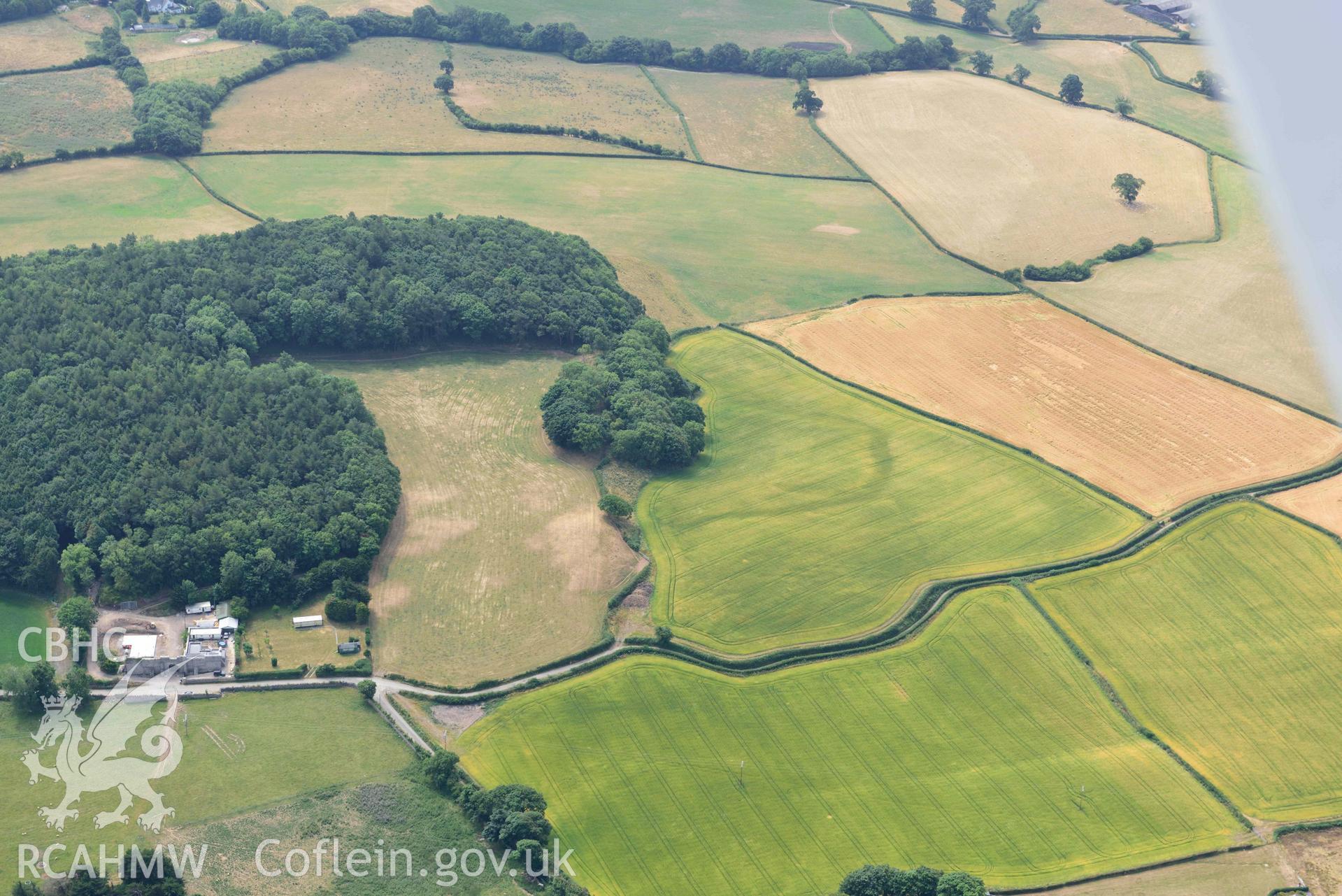 Betws Lodge cropmarks. Oblique aerial photograph taken during the Royal Commission’s programme of archaeological aerial reconnaissance by Toby Driver on 10 July 2018.