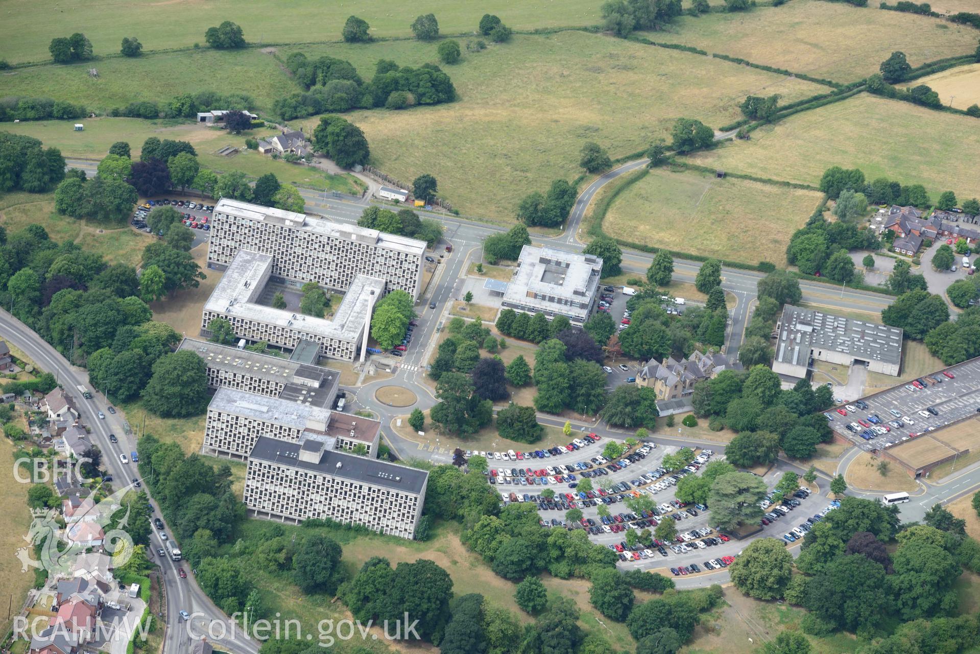 Mold Shire Hall. Oblique aerial photograph taken during the Royal Commission’s programme of archaeological aerial reconnaissance by Toby Driver on 10 July 2018.