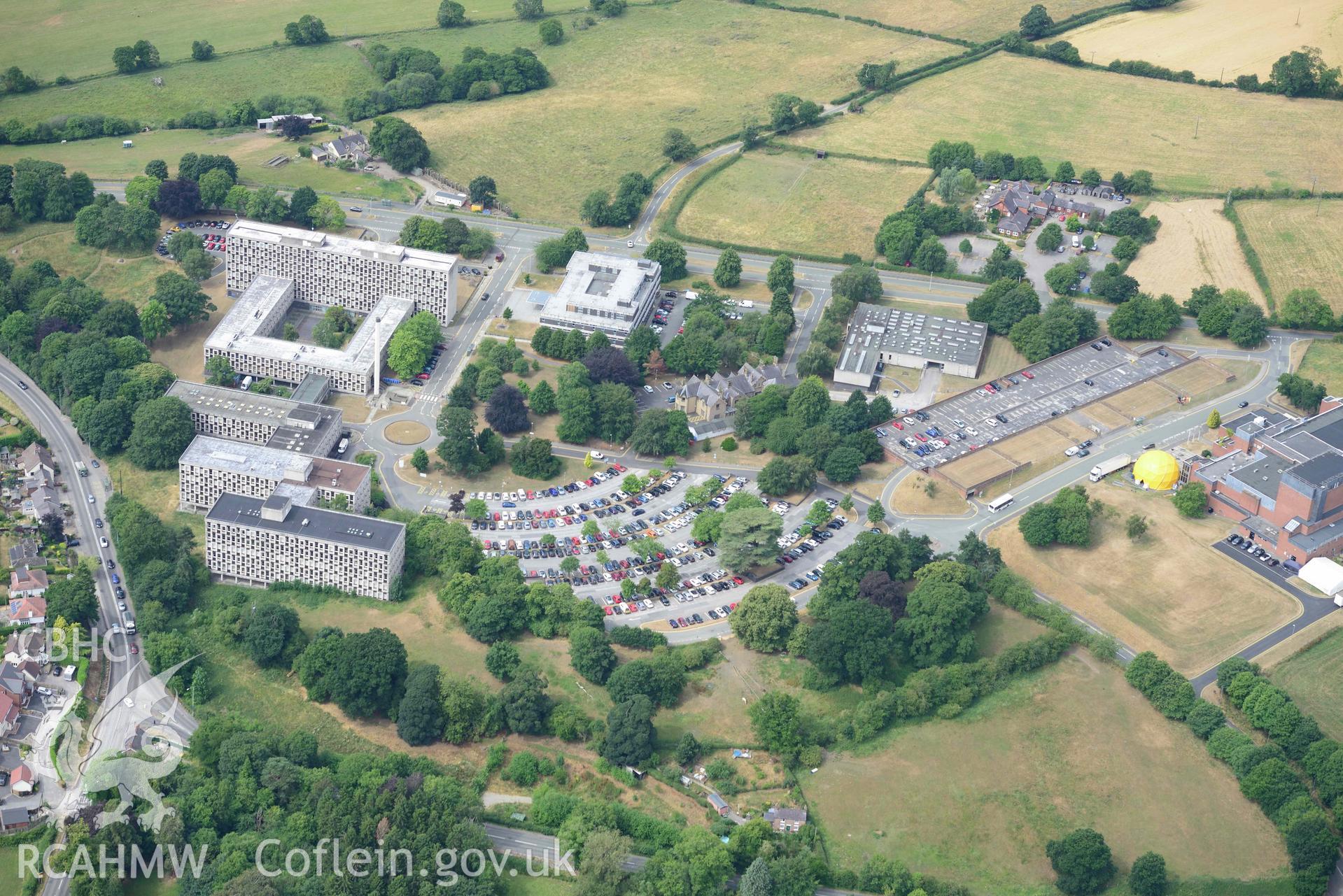 Mold Shire Hall. Oblique aerial photograph taken during the Royal Commission’s programme of archaeological aerial reconnaissance by Toby Driver on 10 July 2018.