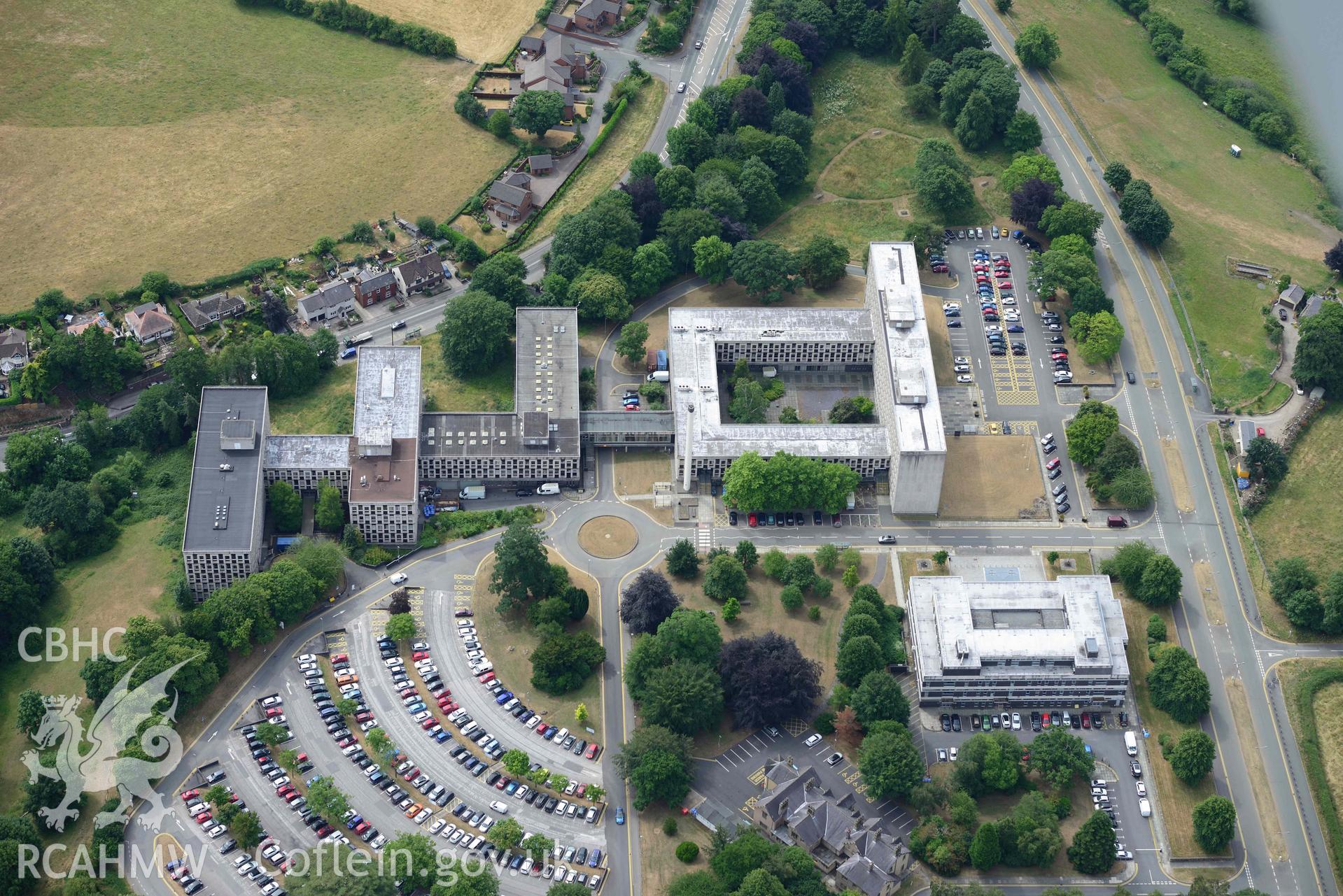 Mold Shire Hall. Oblique aerial photograph taken during the Royal Commission’s programme of archaeological aerial reconnaissance by Toby Driver on 10 July 2018.