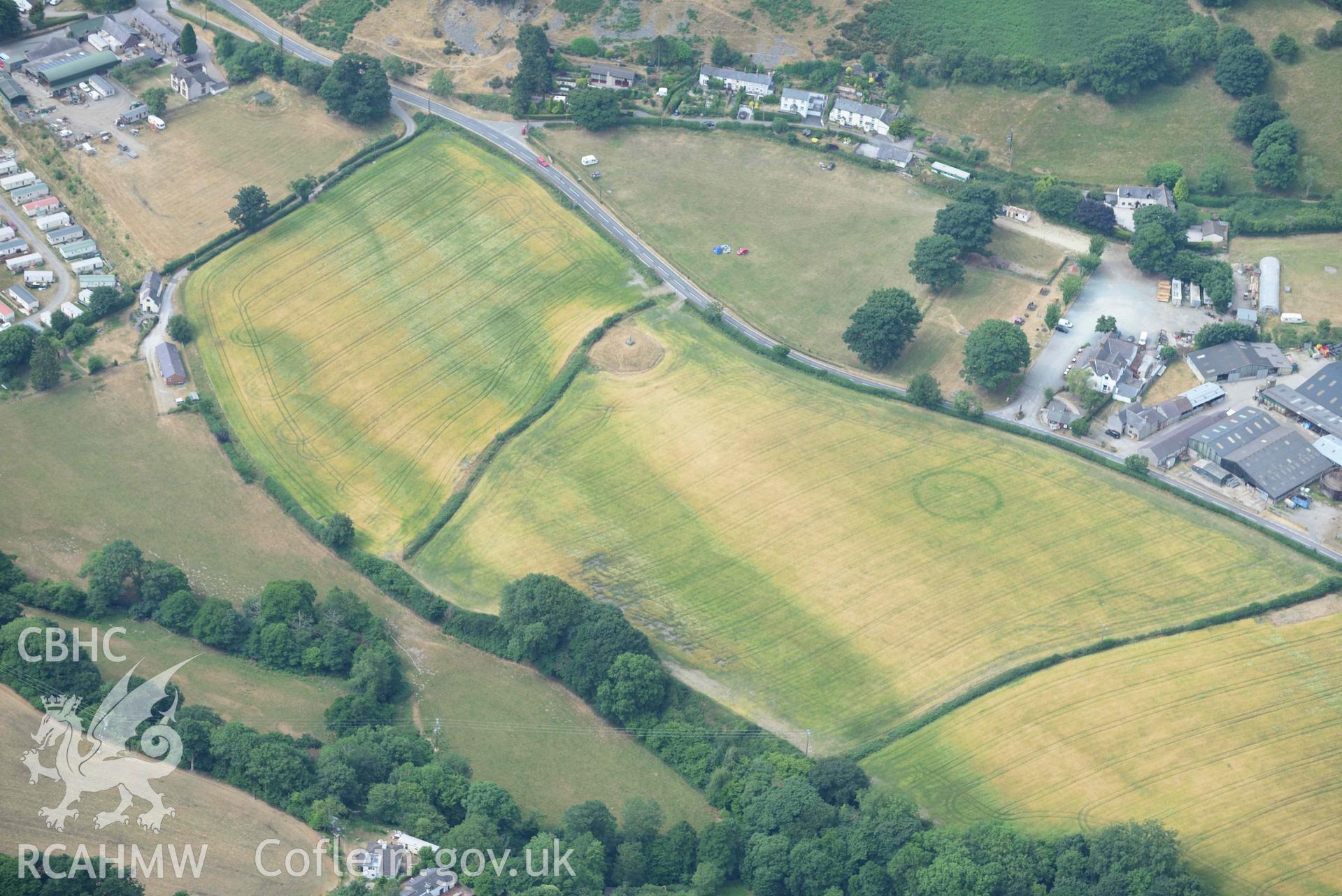 Pillar of Eliseg and Eliseg Ring Ditch. Oblique aerial photograph taken during the Royal Commission’s programme of archaeological aerial reconnaissance by Toby Driver on 10 July 2018.