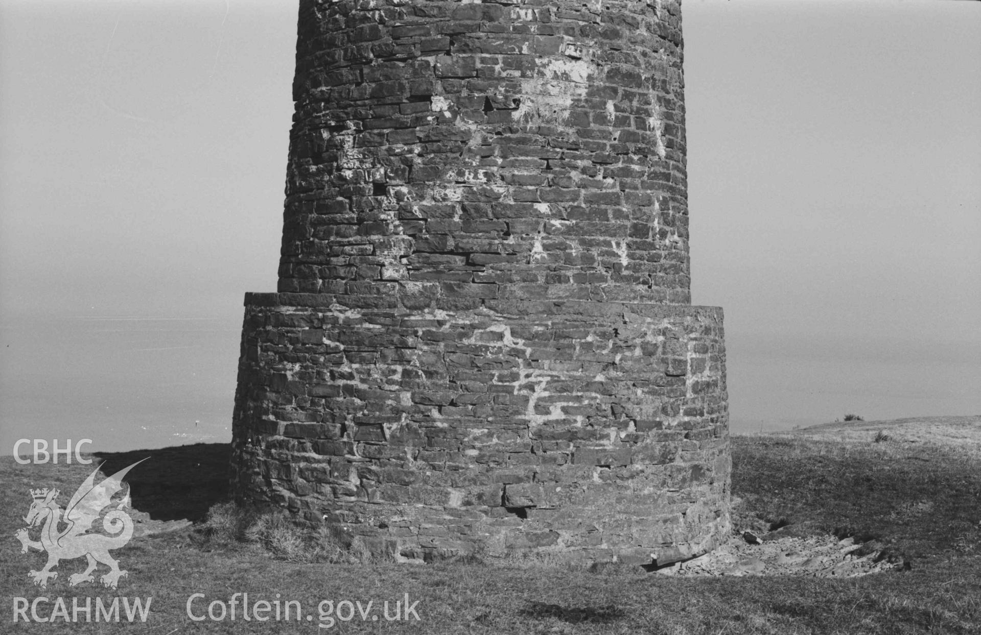 Digital copy of a black and white negative showing base of the Wellington Monument on Pendinas, Aberystwyth. Photographed by Arthur Chater on 3 April 1969. Looking north from Grid Reference SN 5843 8020.