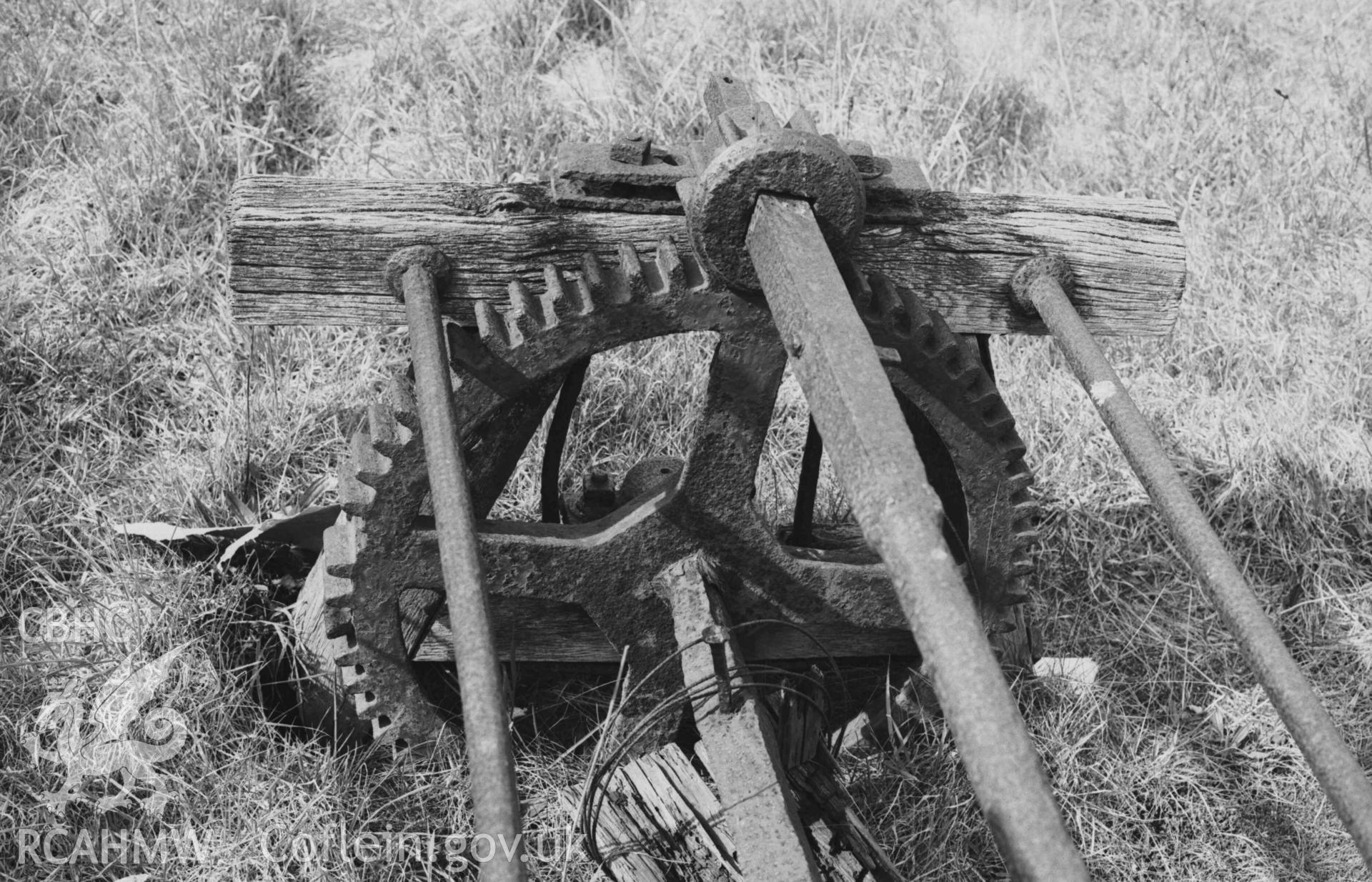 Digital copy of a black and white negative showing part of winch at south end of cable-car route across Aberaeron harbour. Photographed by Arthur Chater on 3 April 1969. Looking west from Grid Reference SN 4559 6285.