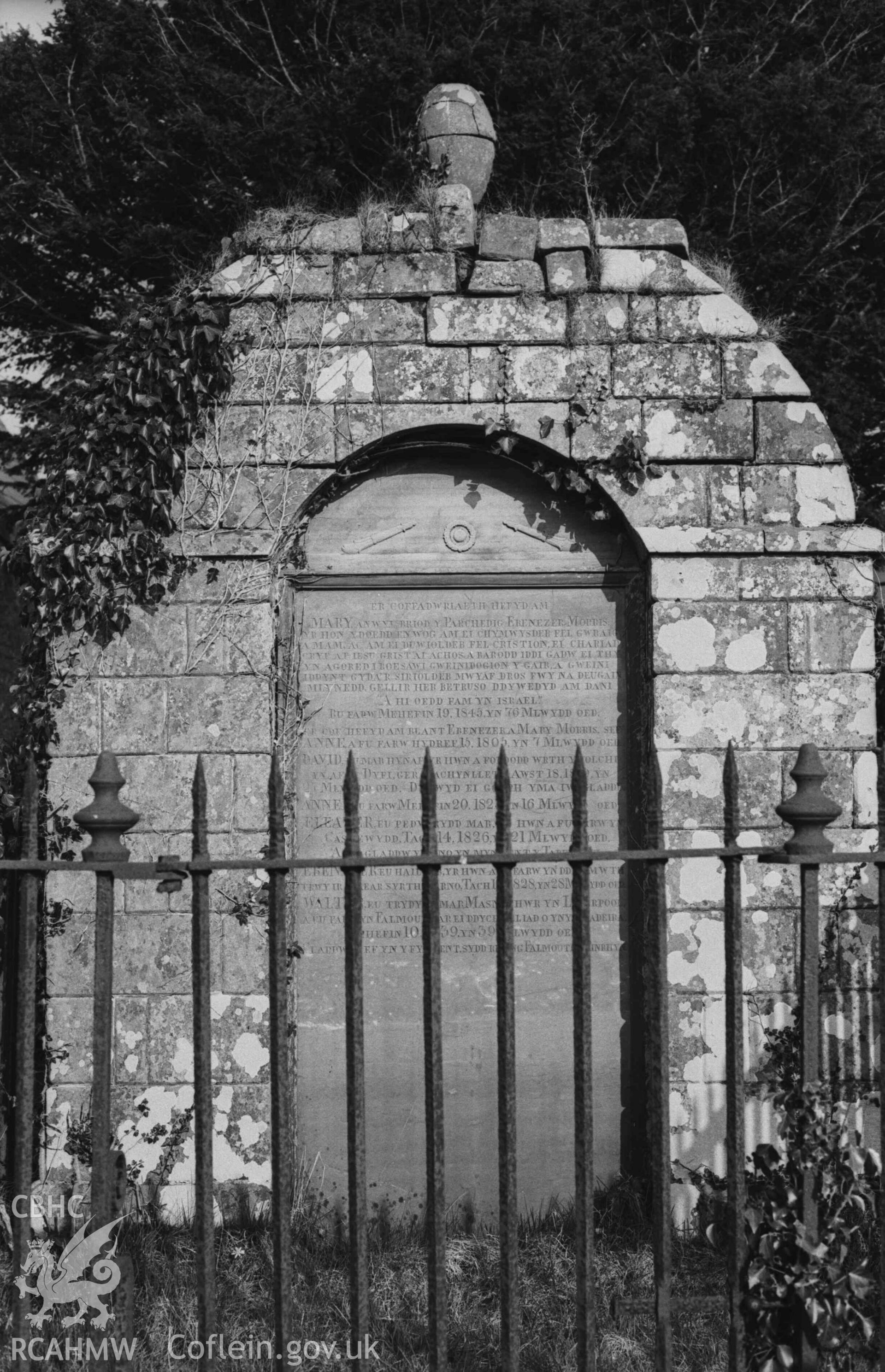 Digital copy of a black and white negative showing tomb of Mary Morris and six of her children, in the south western corner of Troedyraur churchyard. Photographed by Arthur Chater on 5 April 1969. Grid Reference SN 3270 4535.
