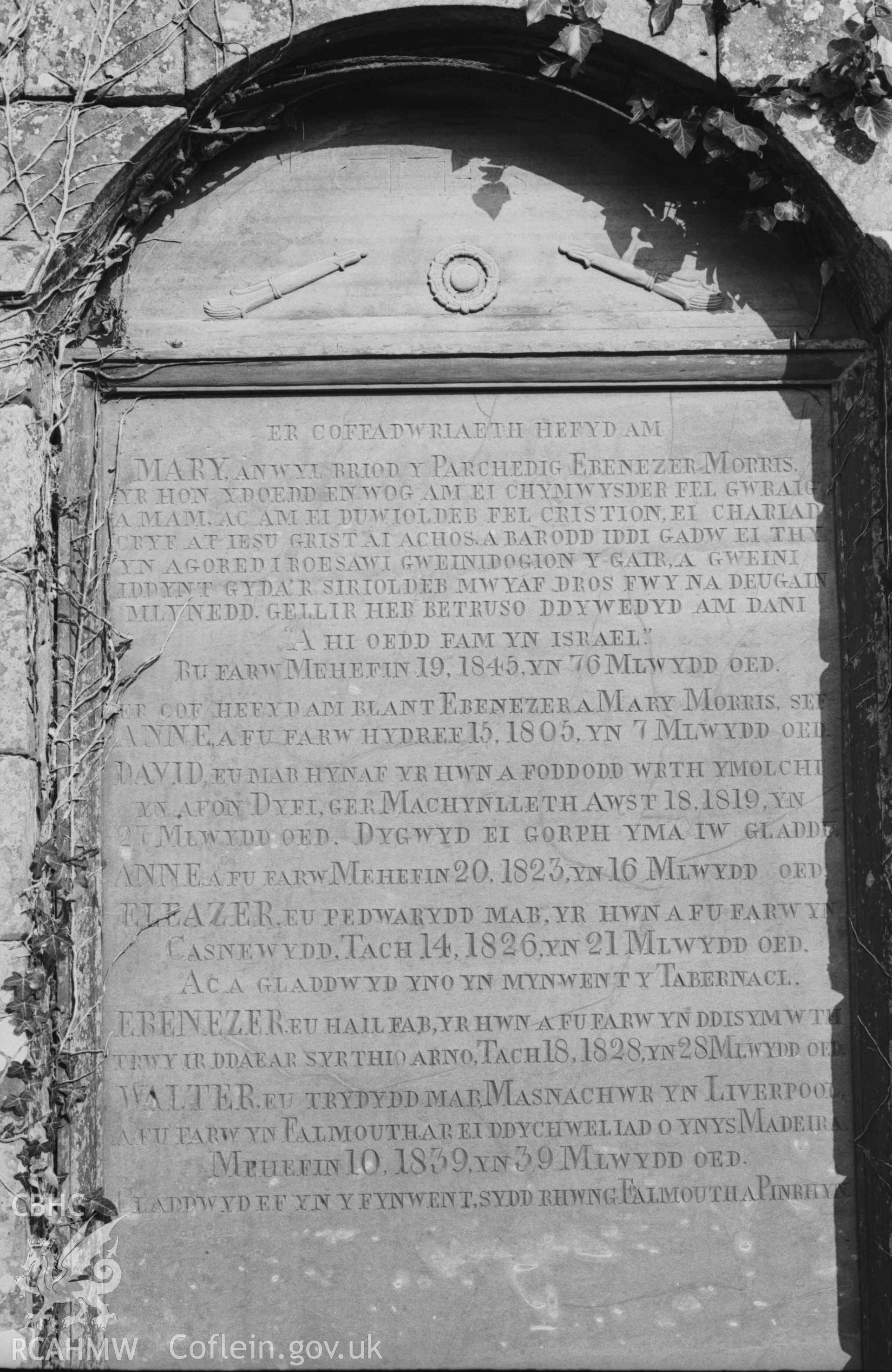 Digital copy of a black and white negative showing tomb of Mary Morris and six of her children in the south western corner of Troedyraur churchyard. Photographed by Arthur Chater on 5 April 1969. Grid Reference SN 3270 4535.