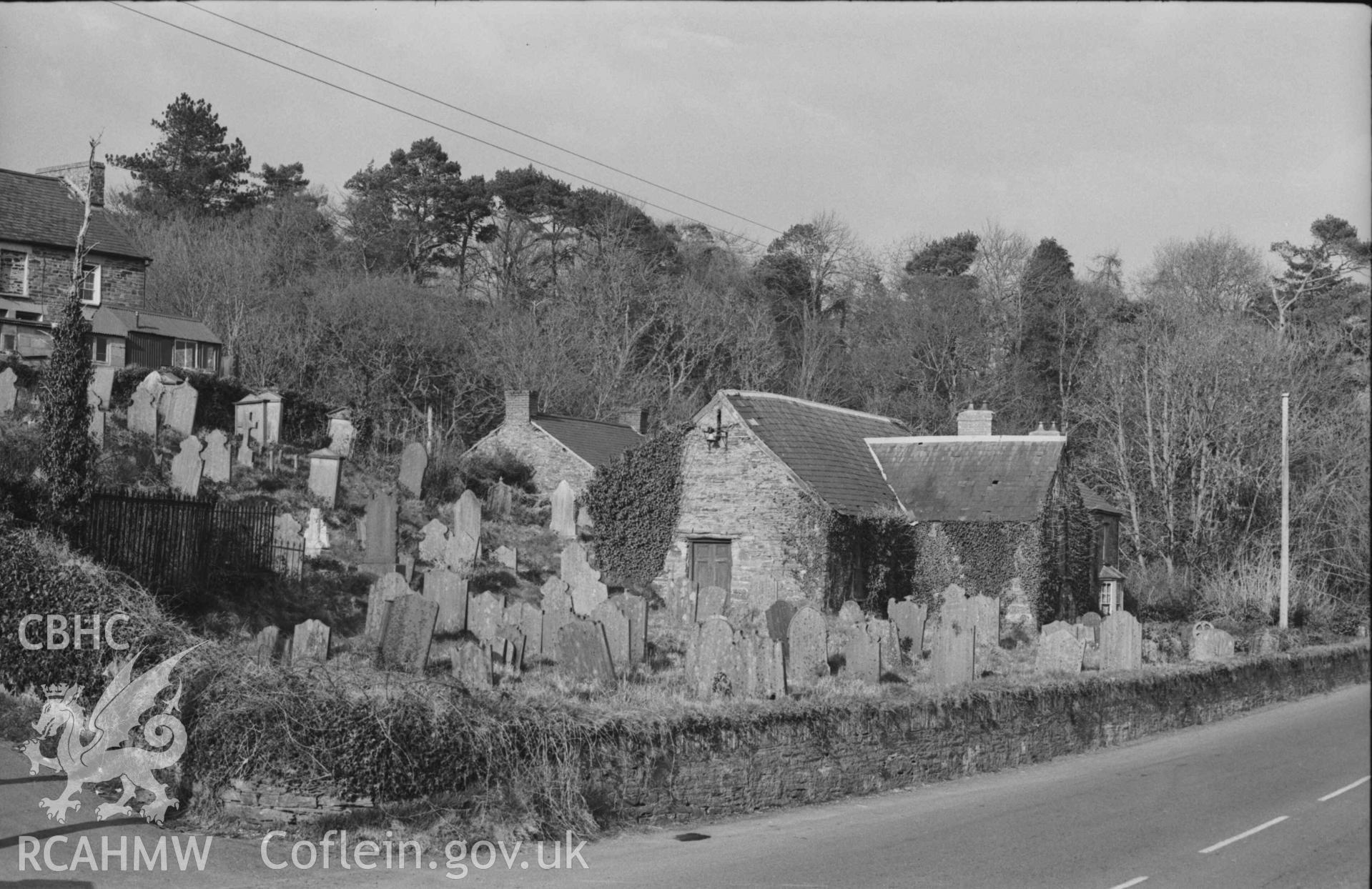 Digital copy of a black and white negative showing the deserted Holy Cross Church. Photographed by Arthur Chater on 7 April 1969. Looking east north east from Grid Reference SN 2183 4368.
