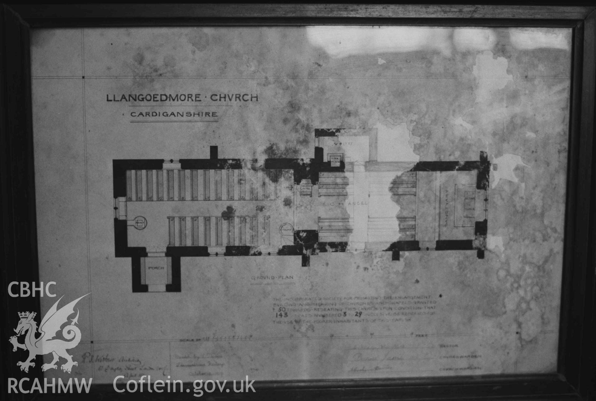 Digital copy of a black and white negative showing architect's ms plan haning in the vestry at Llangoedmor church. "R. J. Withers Architect, 51 Doughty Street, London, W.C. April 1860. Archdeacon Wm North Rector. David James & Abraham Davies - Churchwardens". Photographed by Arthur Chater on 7 April 1969. Grid Reference SN 1995 4580.