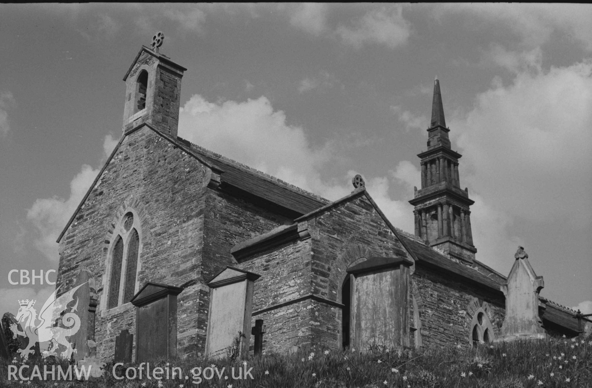 Digital copy of a black and white negative showing St Cynllo's Church. Photographed by Arthur Chater on 7 April 1969. Looking north east from Grid Reference SN 1993 4578.