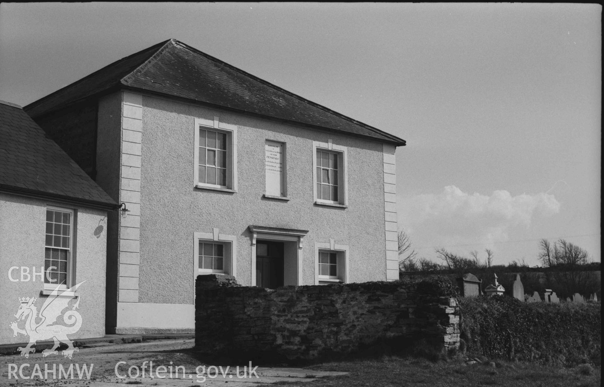 Digital copy of a black and white negative showing front elevation of Capel Penyparc. Photographed by Arthur Chater on 7 April 1969. Looking south south east from Grid Reference SN 2118 4790.