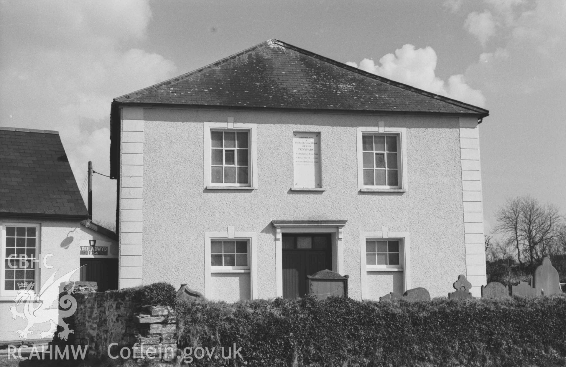 Digital copy of a black and white negative showing Capel Penyparc. Photographed by Arthur Chater on 7 April 1969. Looking east from Grid Reference SN 2117 4788.