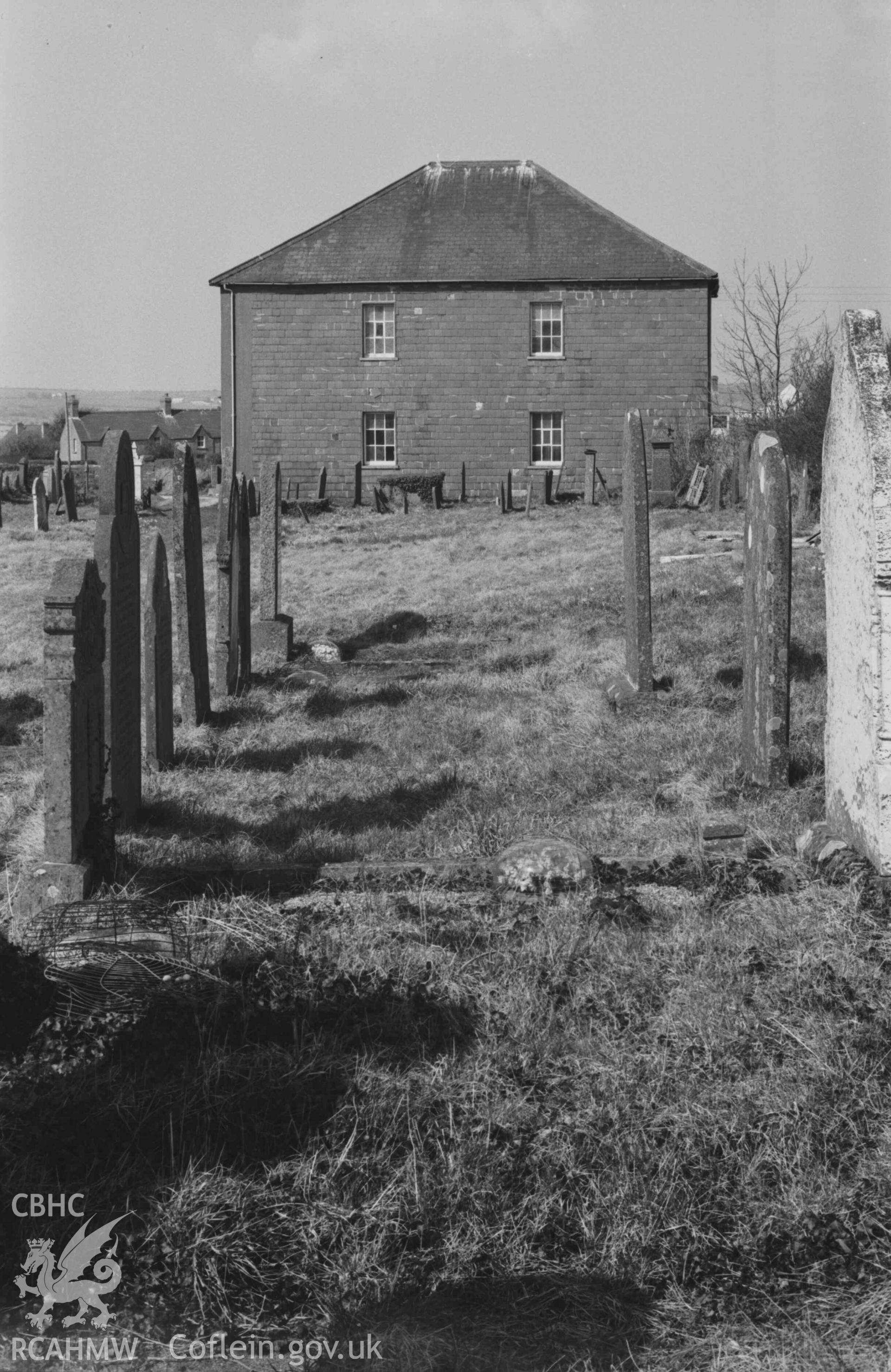 Digital copy of a black and white negative showing rear elevation of Capel Penyparc. Photographed by Arthur Chater on 7 April 1969. Looking north from Grid Reference SN 2119 4782.