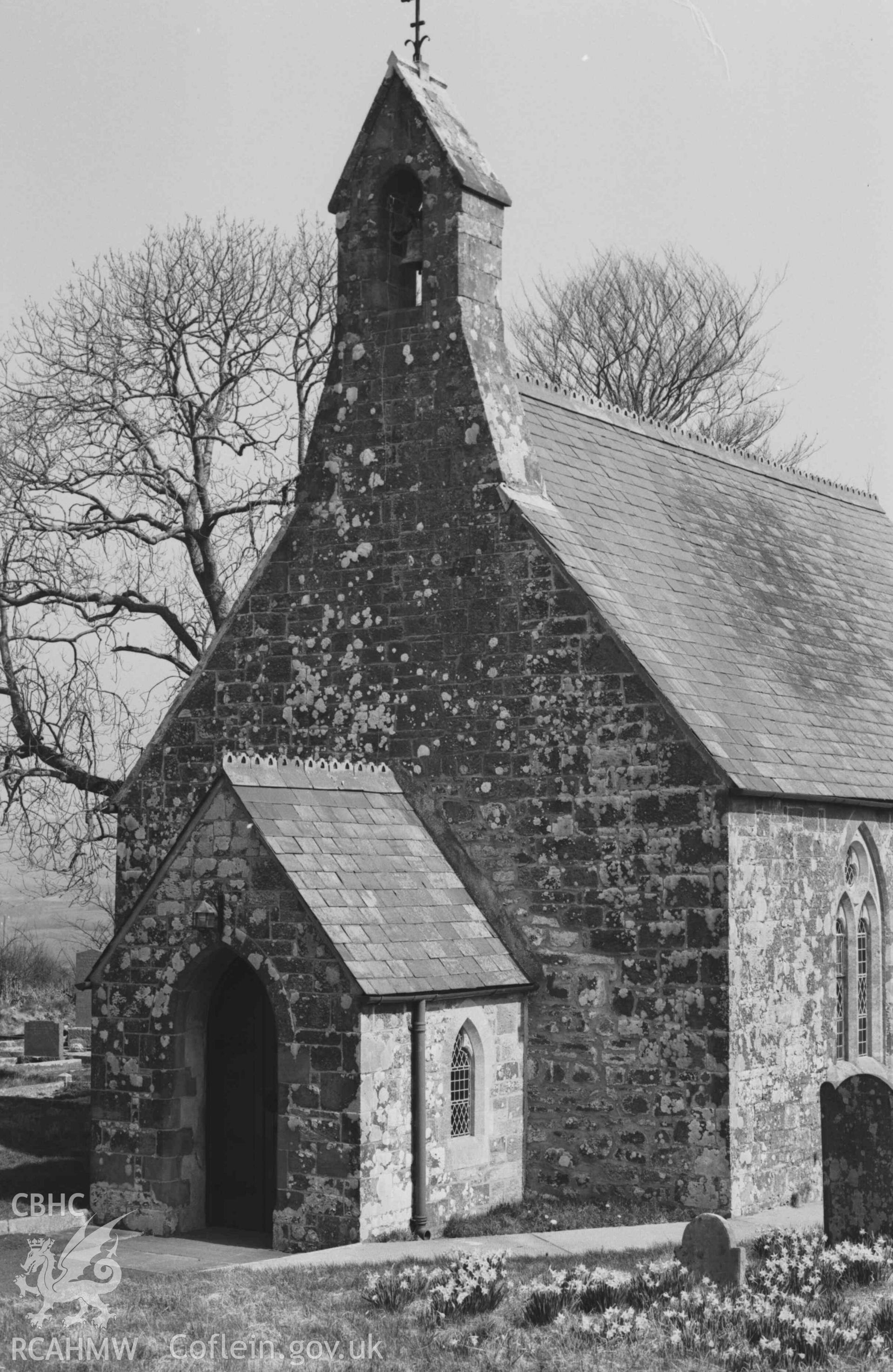 Digital copy of a black and white negative showing St. John's Church, Bettws Evan. Photographed by Arthur Chater on 7 April 1969. Looking north east from Grid Reference SN 3016 4769.